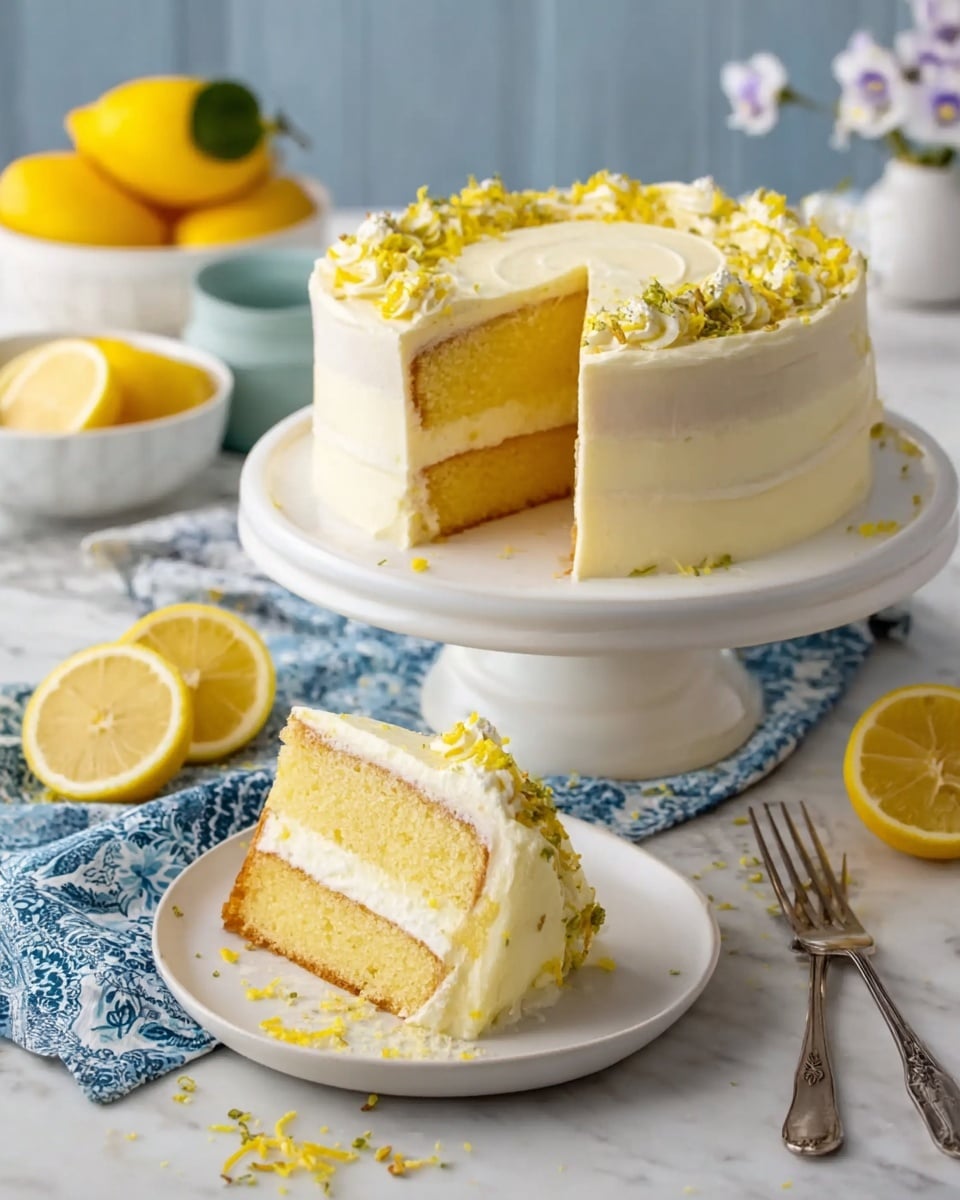 The image shows a two-layer yellow cake with white frosting between the layers and on top. The cake is on a white cake stand, and a slice has been cut and placed on a white plate in front. The layers are thick and light yellow with smooth white cream in the middle and on top. The top of the cake is decorated with small yellow and green crumbs, and there are some crumbs scattered around the cake stand. Around the scene are slices of fresh lemon, a white bowl with yellow lemons, a fork, and a blue patterned cloth on a white marbled surface. Photo taken with an iphone --ar 4:5 --v 7
