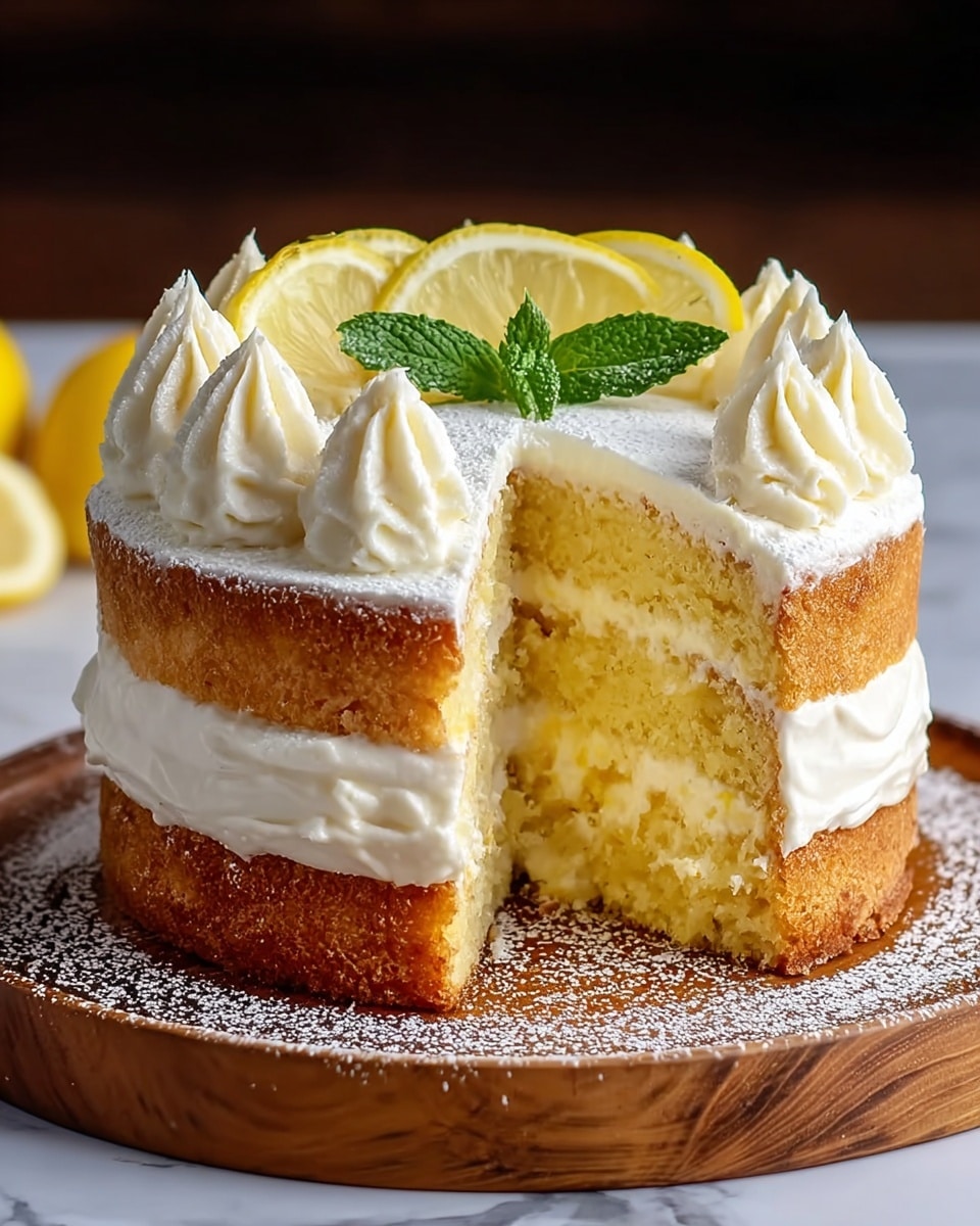 A slice of two-layer yellow cake is shown on a white plate, each layer having a light, moist crumb texture. Between the layers and covering the top is a thick, smooth white frosting. The top is decorated with small swirls of the same white frosting and thin, spiral lemon slices that add a bright yellow accent. A silver fork rests next to the cake on the plate, all set on a white marbled surface. photo taken with an iphone --ar 4:5 --v 7