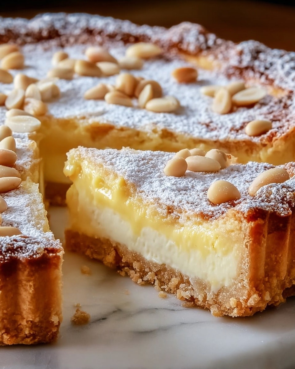 A tart with three clear layers sits on a white marbled surface, cut to show its inside. The bottom layer is a thick, crumbly golden crust with a rough texture. The middle layer is a smooth, creamy pale yellow filling, thick and soft. The top layer is dusted with white powdered sugar and scattered with light brown pine nuts, adding small crunchy textures. The tart's edge is raised and golden brown, showing a slightly thick and crunchy crust photo taken with an iphone --ar 4:5 --v 7