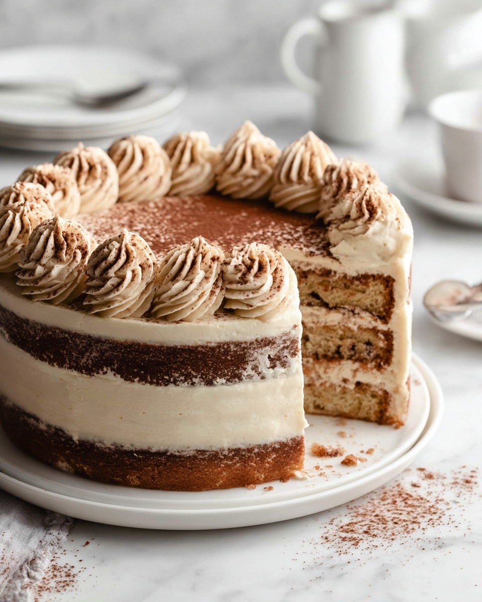 A three-layer cake sits on a white plate, each layer showing a light brown sponge with darker spots indicating mix-ins, separated by smooth creamy beige frosting that also covers the cake’s sides evenly. The top surface is dusted with a layer of cocoa powder, and a ring of large, swirled dollops of light beige frosting is piped around the edge, each dusted lightly with cocoa. Some cake crumbs are scattered on the plate near the cake, and the background shows a white marbled texture with blurred white cups and a spoon. photo taken with an iphone --ar 4:5 --v 7