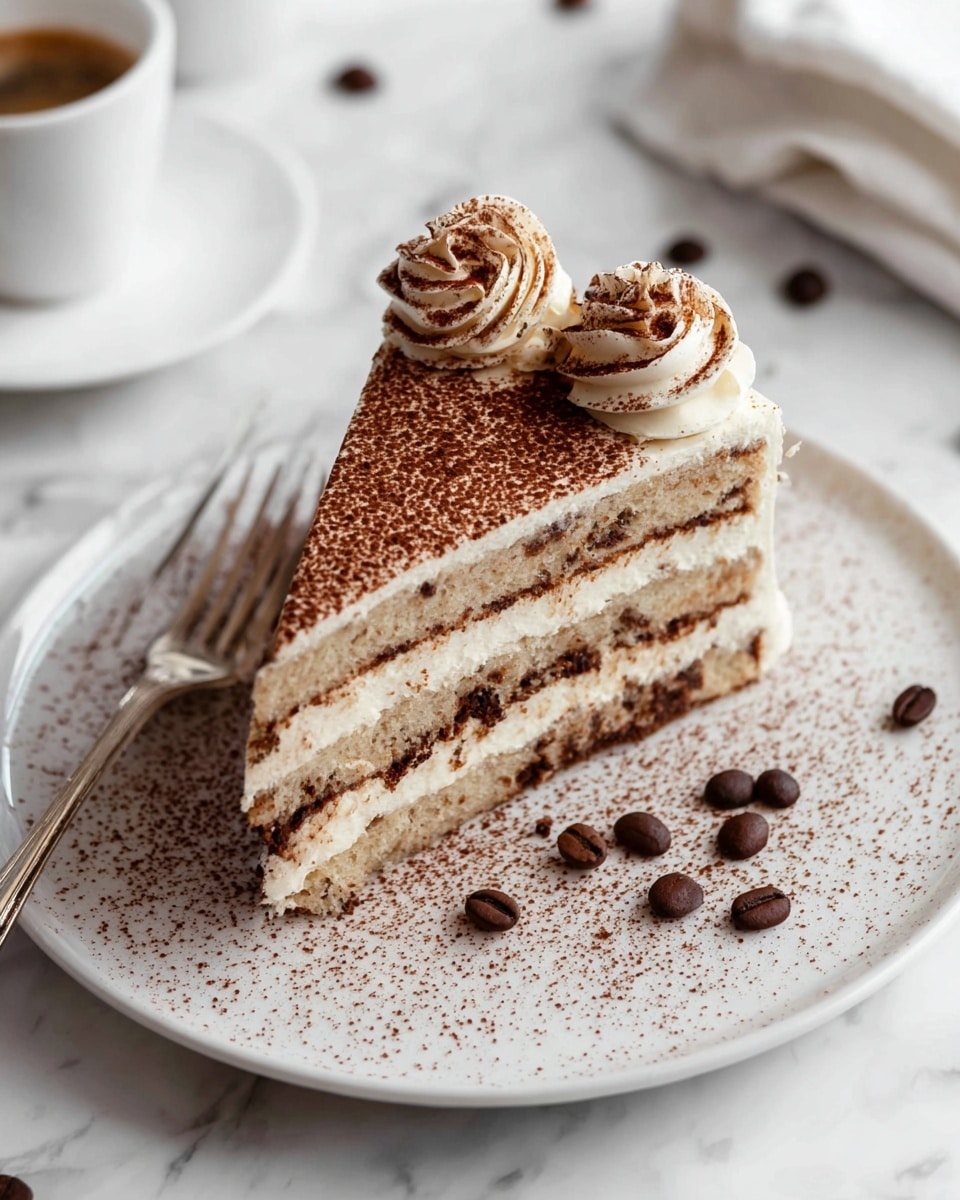 A slice of three-layered cake sits on a white plate on a white marbled surface. The cake has alternating light brown sponge layers and creamy white filling layers. The top layer is dusted with cocoa powder and decorated with two swirls of creamy white frosting sprinkled with cocoa. Around the plate are small dark brown coffee bean-shaped chocolates and cocoa powder. A silver fork rests on the plate near the cake. Photo taken with an iphone --ar 4:5 --v 7