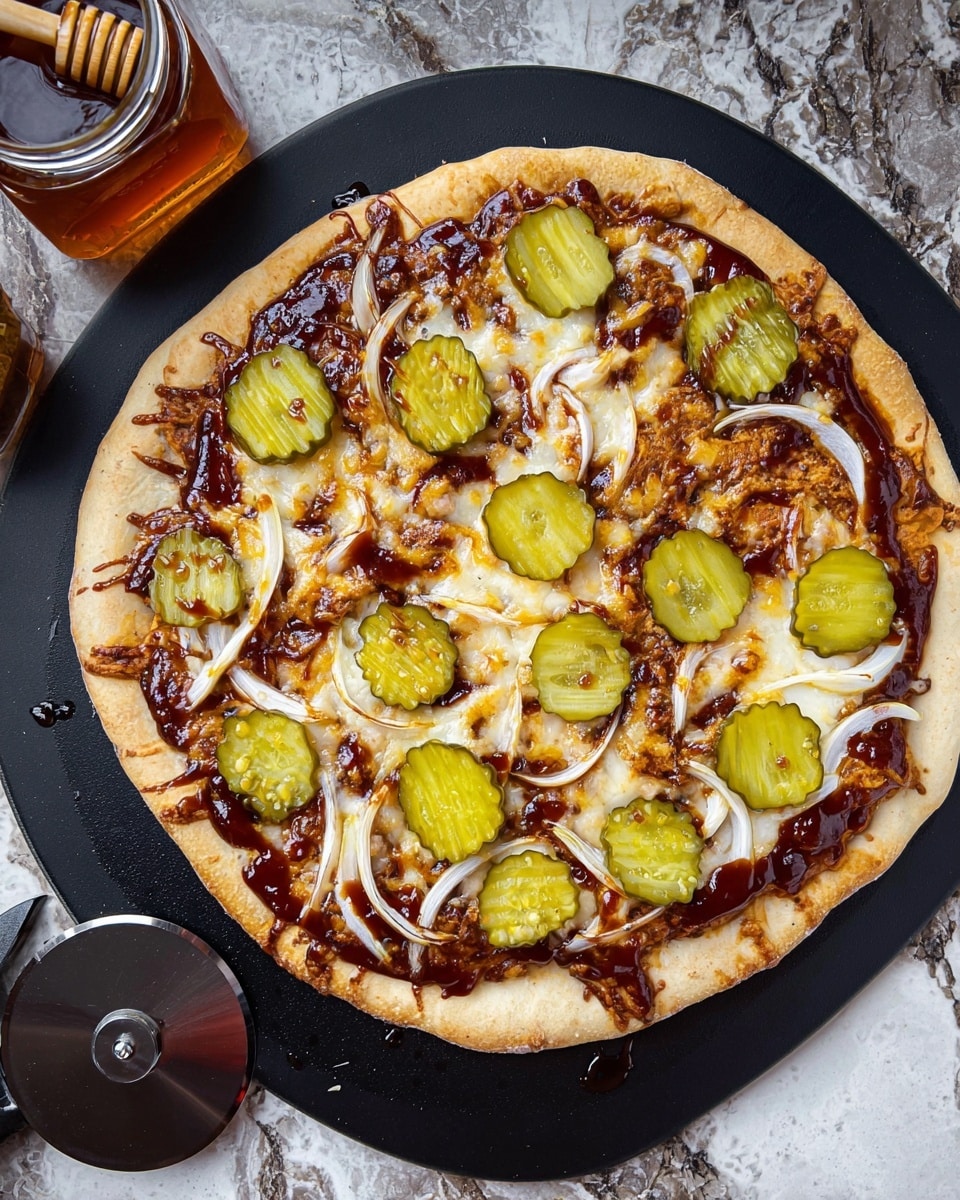 A round pizza with one main layer of golden brown crust topped with a layer of dark red barbecue sauce, covered unevenly by melted light brown and white cheese. On top, there are thin, curved white onion slices spread across the pizza, along with thick, round, green pickle slices with wavy edges arranged randomly. The pizza is placed on a black pizza peel, which rests on a white marbled surface with a pizza cutter with a black handle visible in the lower left corner, and a jar with honey and a wooden honey dipper is placed at the top left edge of the image. Photo taken with an iphone --ar 4:5 --v 7