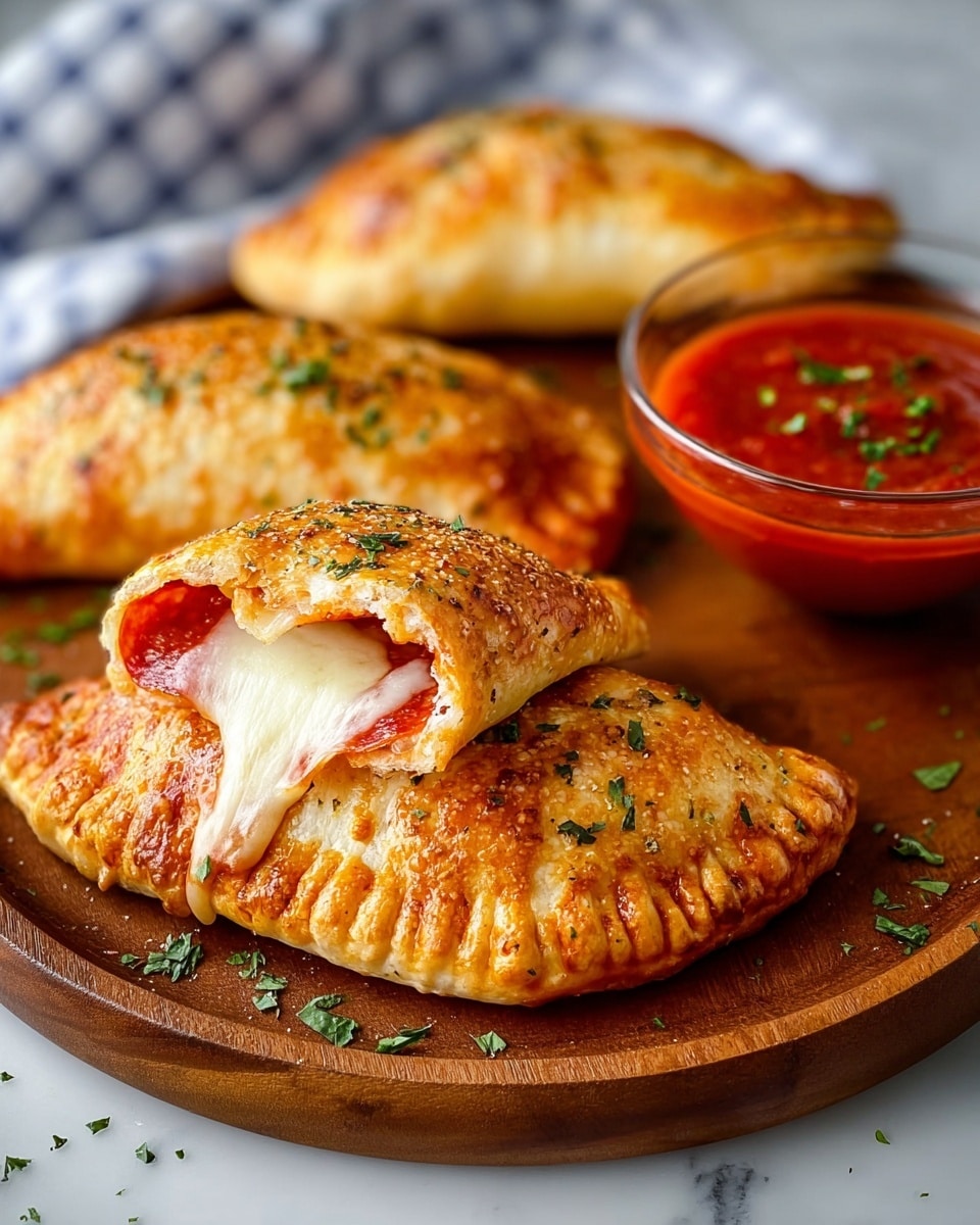 The image shows three golden brown calzones on a round wooden plate, each with a crispy textured crust sprinkled with green herbs. The front calzone is cut open, revealing a soft layer of melted white cheese and red pepperoni inside. Behind the calzones, there is a clear glass bowl filled with bright red marinara sauce, garnished with small green herbs. The whole setup is placed on a white marbled surface with a white and blue checkered cloth blurred in the background. Photo taken with an iphone --ar 4:5 --v 7