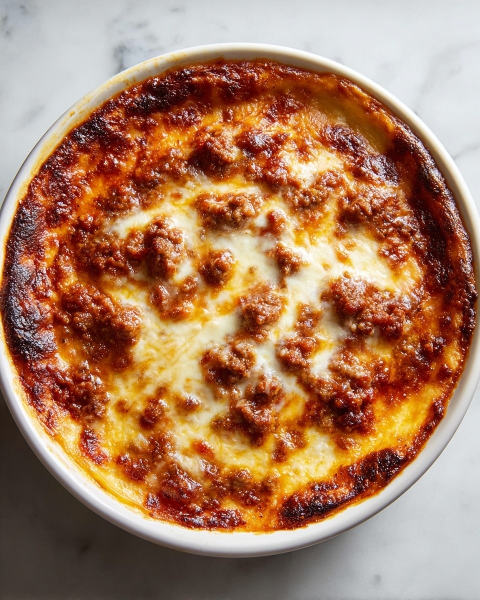 A round dish with three main visible layers: the top layer is golden brown melted cheese with patches of darker toasted spots, giving a crispy texture; underneath it, a rich red tomato meat sauce with chunks of browned ground meat evenly spread; the bottom layer is a pale, soft pasta or ricotta base that peeks through along the edges and near the center. The dish is in a white round ceramic bowl, sitting on a white marbled surface. photo taken with an iphone --ar 4:5 --v 7