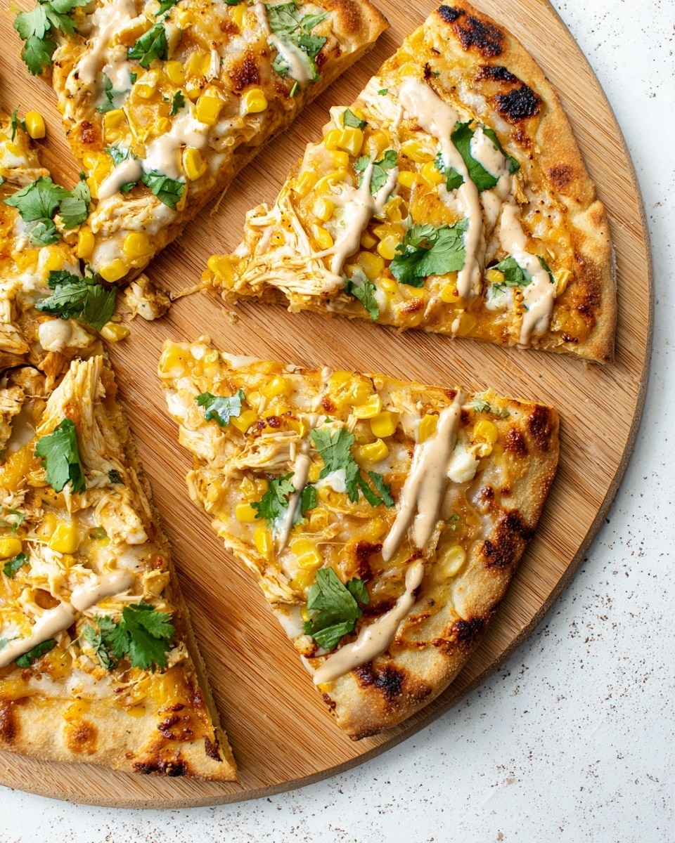 The image shows three slices of thin crust pizza arranged in a circle on a wooden board, each slice topped with melted yellow and white cheese, cooked corn kernels, shredded chicken, and fresh green cilantro leaves. A creamy, light beige drizzle is spread across the pizza, adding texture and color contrast. The crust is golden brown with some darker toasted spots. The photo is taken on a white marbled texture surface, with the focus on the detailed toppings and texture of the pizza. photo taken with an iphone --ar 4:5 --v 7