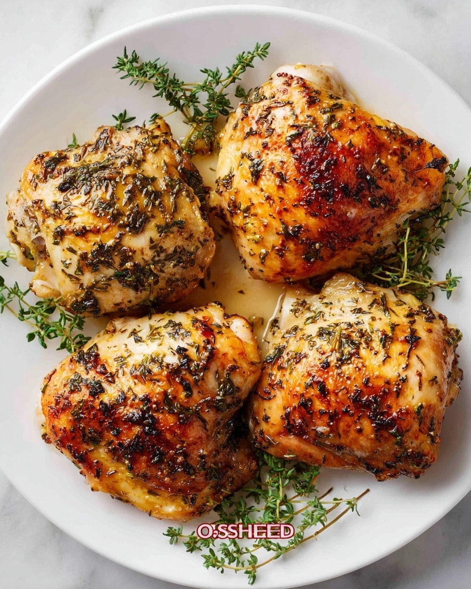 Four pieces of cooked chicken thighs are placed on a white plate, each piece golden brown with a crispy texture and speckled with green herbs. Sprigs of fresh thyme are scattered around and on top of the chicken, adding a touch of green. The chicken skin shows a mix of light and darker brown spots from roasting, and the herbs appear finely chopped and evenly spread. The plate sits on a white marbled surface, enhancing the warm colors of the chicken. photo taken with an iphone --ar 4:5 --v 7