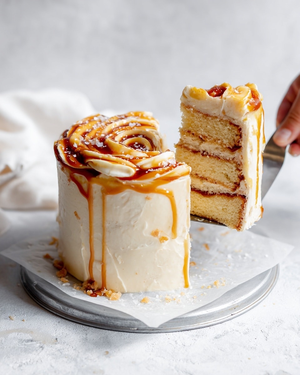 A small round cake with three layers of light yellow sponge, each separated by a thin layer of dark caramel filling. The outside and top are covered in smooth creamy white frosting with swirls of shiny caramel spread irregularly around the sides and on top. The caramel on top forms a spiral pattern with a few flakes of salt scattered over it. A woman's hand holds a slice of the cake on a silver spatula, showing the inside layers clearly. The cake sits on a piece of white parchment paper on a round metal tray. The scene has a white marbled textured surface and a soft, bright background. Photo taken with an iphone --ar 4:5 --v 7