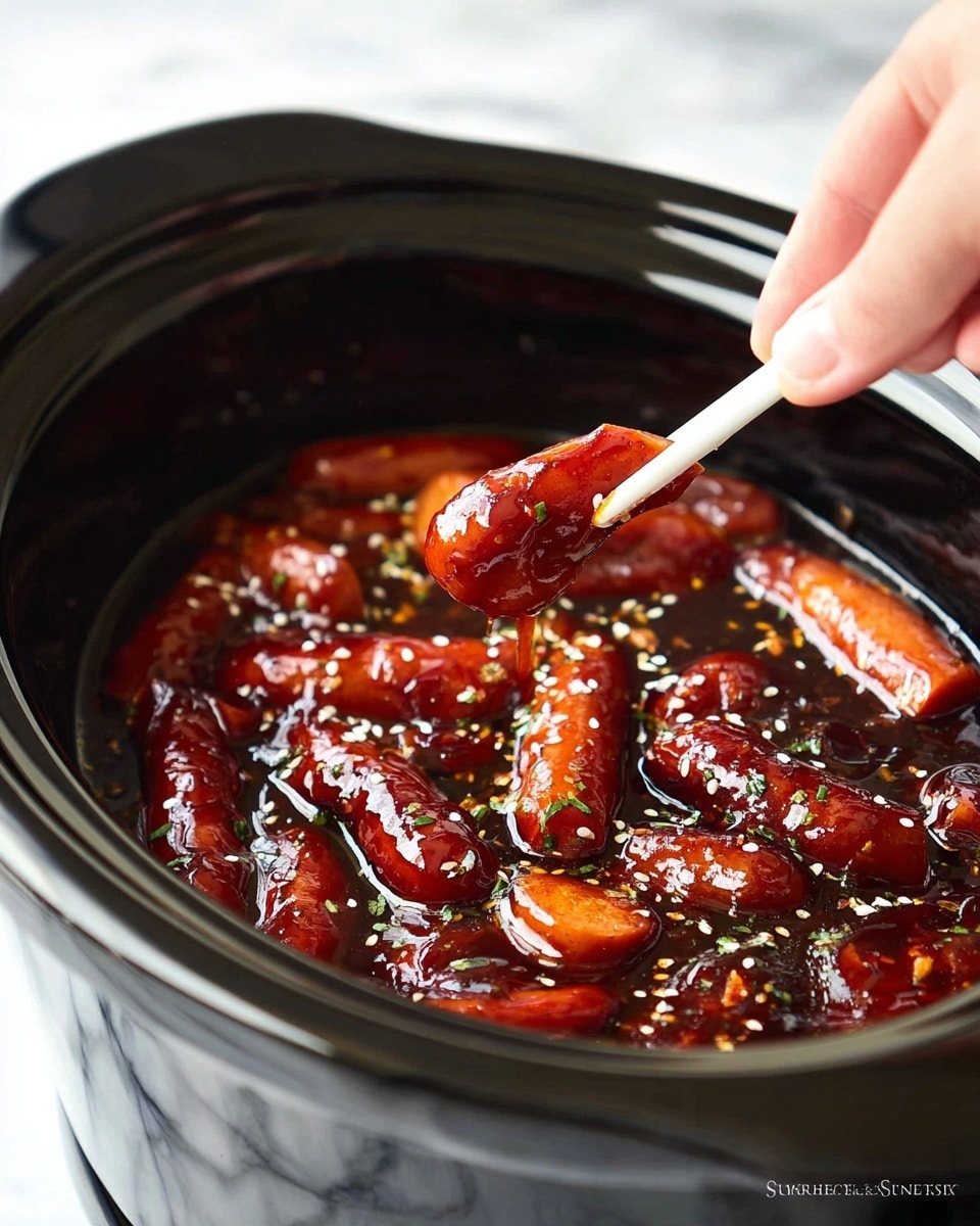 A close-up shot shows glossy, reddish-brown cocktail sausages covered in a thick, sticky dark sauce inside a black slow cooker. The sauce glistens and has bits of green herbs and white sesame seeds sprinkled on top. A woman's hand is lifting one sausage with a small white plastic fork, making the sausage look juicy and shiny. The slow cooker has a smooth, curved edge with a bit of reflection, set on a white marbled surface. photo taken with an iphone --ar 4:5 --v 7