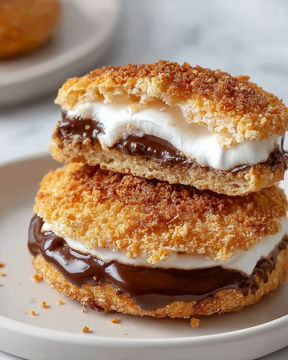 The image shows two round s'mores pastries on a white plate resting on a white marbled surface. The top pastry is cut in half, revealing three layers: the top layer is a light golden, crumbly crust with a slightly rough texture, the middle layer is a thick, shiny dark chocolate, and the bottom layer is fluffy, white melted marshmallow. The bottom pastry is whole, showing a similar golden crust with a slightly textured surface and crumb bits sprinkled on top. Photo taken with an iphone --ar 4:5 --v 7