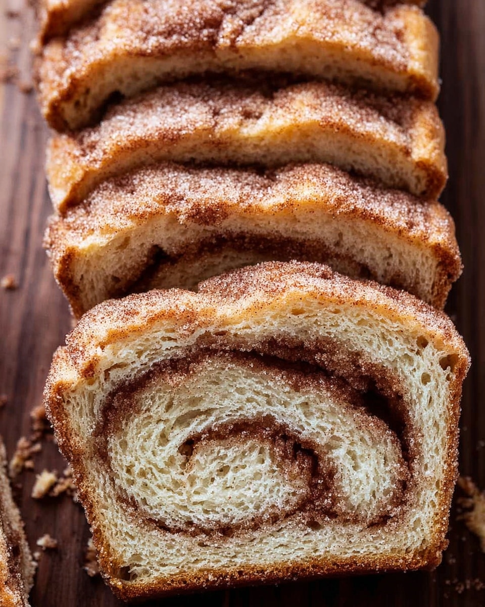 A close-up view of several slices of cinnamon sugar swirl bread arranged in a row on a dark wooden surface, each slice showing a soft, light tan inside with a visible swirl of darker cinnamon sugar in the center, topped with a rough layer of cinnamon and sugar crystals that gives a textured brown and white speckled look across the top. The bread crust is a light golden brown, slightly textured and contrasts with the soft interior. The image captures the rich details of the crumbs and the spiraled cinnamon within the airy bread. photo taken with an iphone --ar 4:5 --v 7
