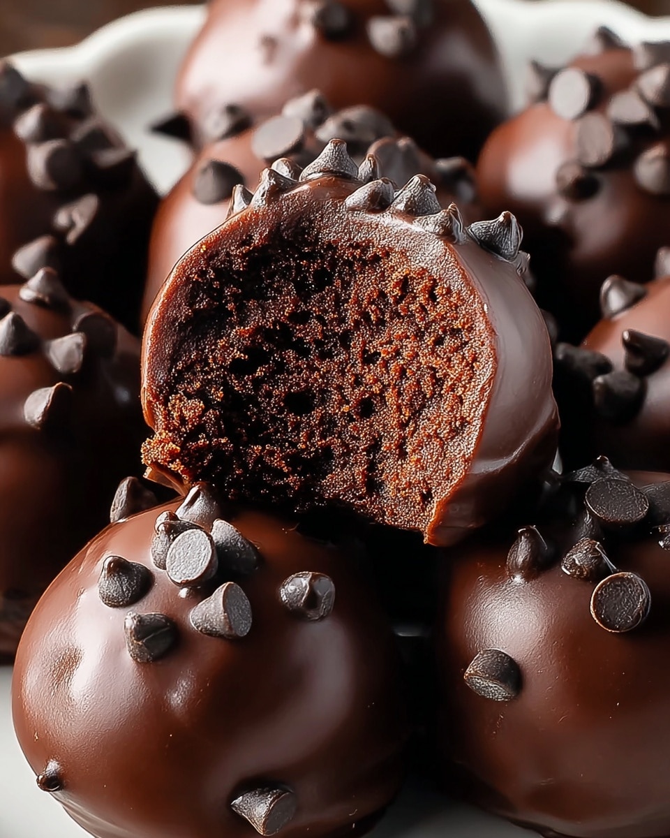 The image shows a close-up of round chocolate truffles, each covered in a smooth dark chocolate coating with shiny dark chocolate chips scattered on top. One truffle is bitten, revealing a moist, dark brown, crumbly cake-like inside. The truffles are placed closely together on a white plate, all with a glossy chocolate shell and small chocolate chips. photo taken with an iphone --ar 4:5 --v 7