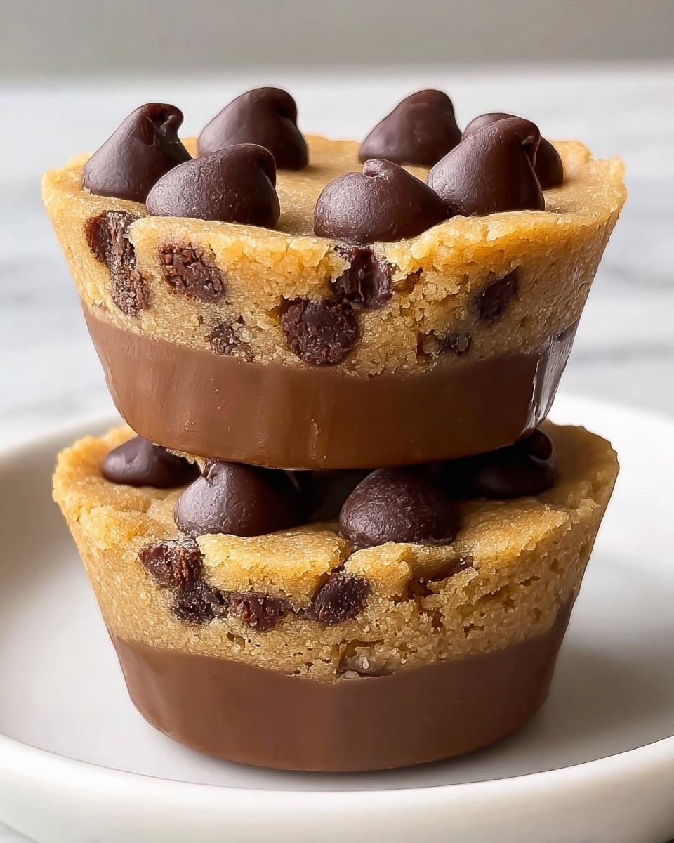 Two mini cookie cups are stacked on a white plate with a white marbled background. Each cup has two layers: the bottom layer is smooth milk chocolate forming a thick base, and the top layer is golden brown cookie dough embedded with small dark chocolate chips. On top of each cookie layer are several glossy, dark chocolate chips that appear slightly melted, adding texture and shine to the surface. The edges of the cookie layer are slightly crumbled, revealing individual chocolate chips inside. photo taken with an iphone --ar 4:5 --v 7