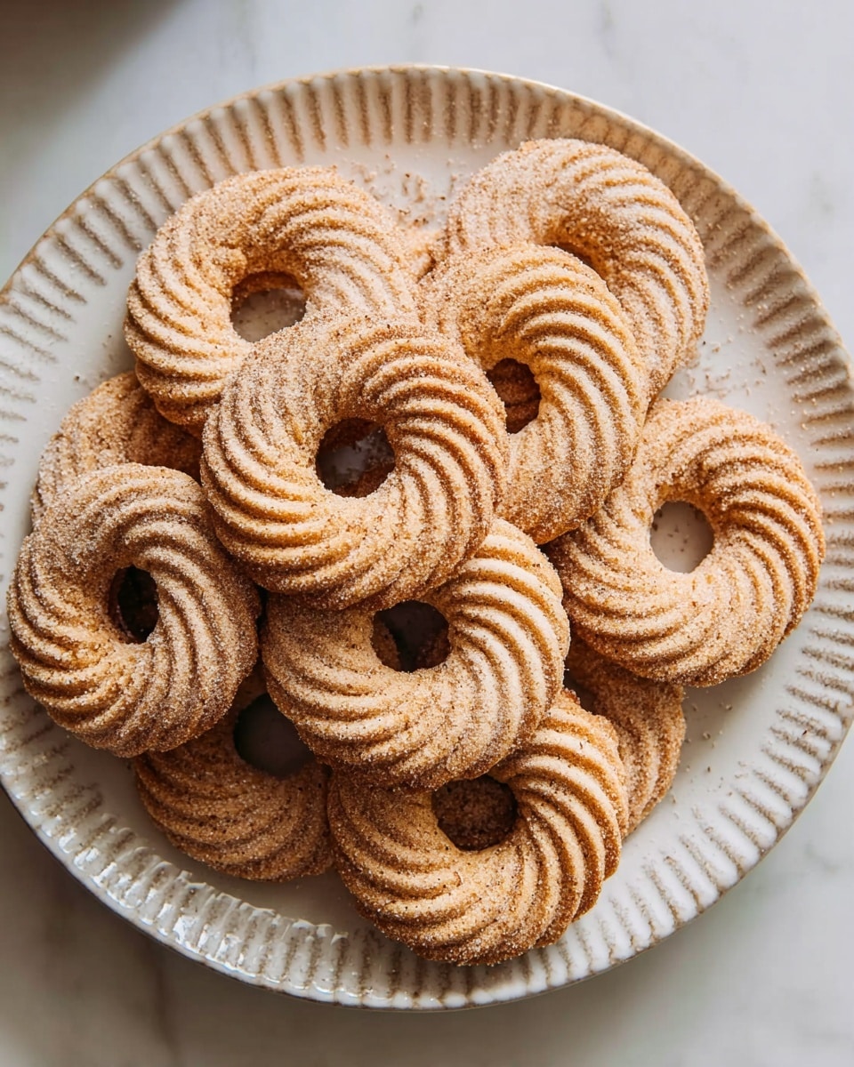 A stack of ten round cookies with ridged edges and hollow centers sits closely packed on a white fluted ceramic plate with a thin dark rim. The cookies are golden brown with a fine dusting of cinnamon or cocoa powder that gives them a slightly rough, textured look. The plate rests on a white marbled surface, adding a clean and bright feel to the image. Photo taken with an iphone --ar 4:5 --v 7