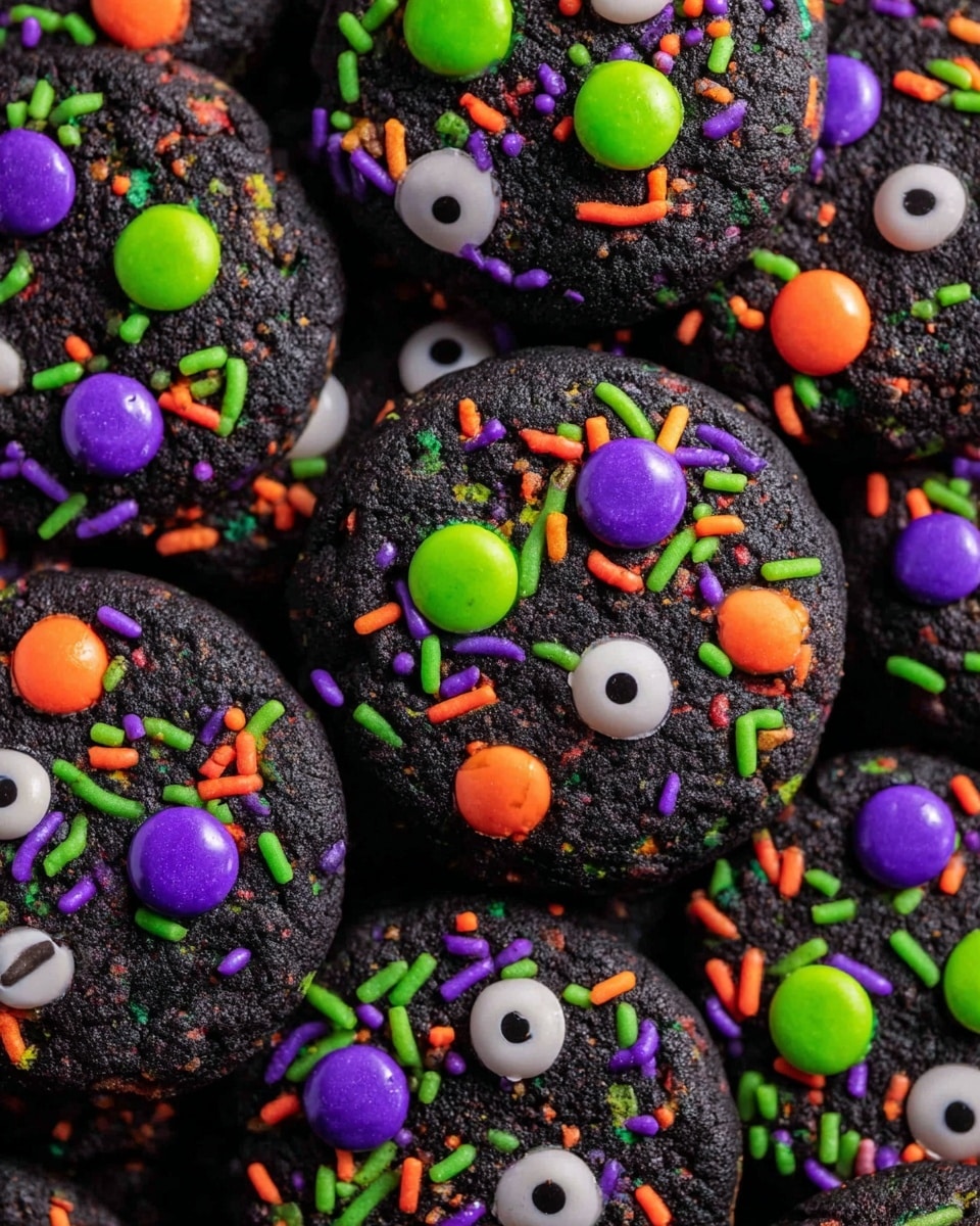 A close-up view of dark black cookies stacked closely, each cookie decorated with colorful candy eyes, bright round candy pieces in purple, green, and orange, and sprinkled with small, thin sprinkles in neon green, orange, and purple colors. The cookies have a rough texture and the playful, bright decorations create a fun, lively look on the dark cookie surface. The overall image is vibrant with the contrast of dark black cookies and the multicolored candy toppings. Photo taken with an iphone --ar 4:5 --v 7
