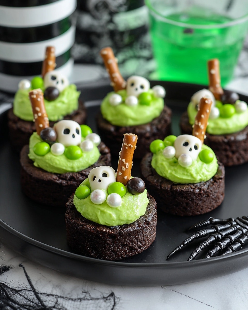 The image shows six chocolate brownies shaped like cups, arranged on a black plate. Each brownie cup has one thick dollop of bright green frosting on top. The frosting is decorated with small white skulls, white pearls, green candies, and black-and-white candy eyes. A pretzel stick is inserted vertically into the center of each brownie cup. The background is a white marbled texture with some green glassware and a black-and-white striped object visible out of focus. A black plastic skeleton hand is near the bottom edge of the plate. photo taken with an iphone --ar 4:5 --v 7