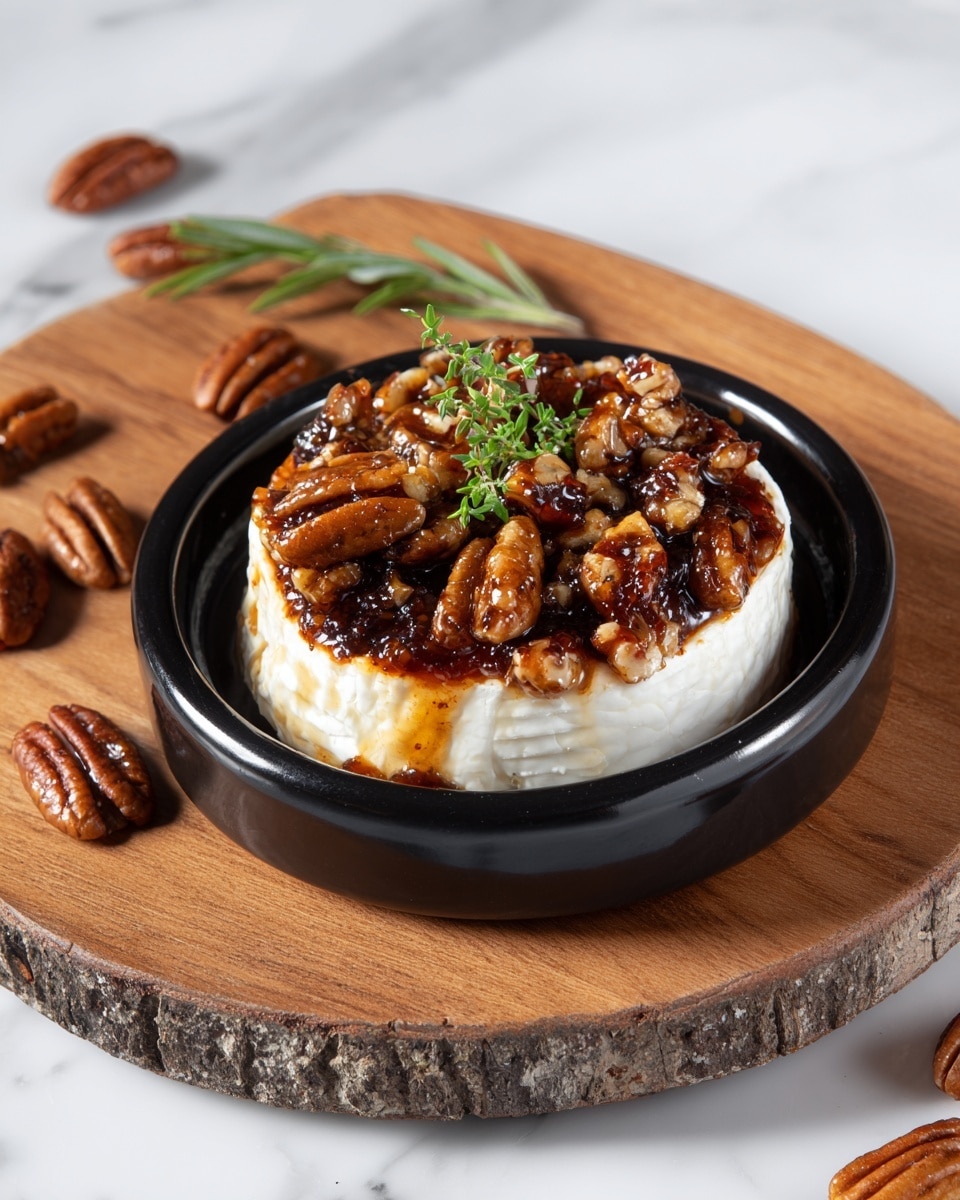 The image shows a dish with two main layers inside a black skillet. The bottom layer is a creamy white cheese with a golden-brown caramelized crust on top. The second layer above this is a glossy dark brown sticky sauce with a jelly-like texture. Scattered on top are whole, shiny pecans with a rich brown color. Small sprigs of fresh green herbs add a touch of color to the dish. The skillet rests on a wooden surface, but the background is changed to a white marbled texture. Photo taken with an iphone --ar 4:5 --v 7