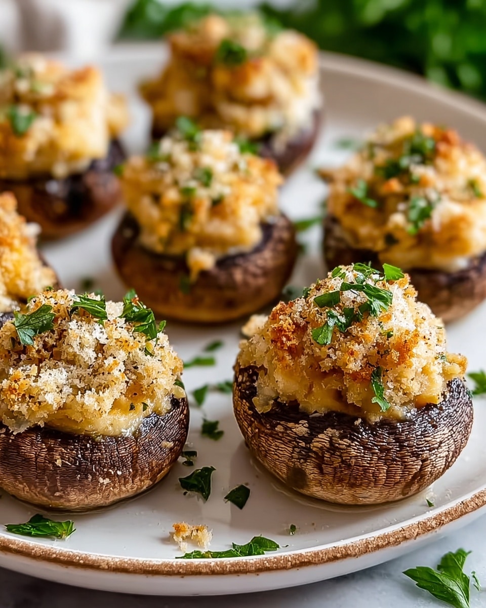 The image shows a close-up of several stuffed mushrooms arranged on a white plate with a slight brown rim. Each mushroom has a dark brown, textured base capsule filled with a light golden mixture that appears creamy and slightly crispy on top. The filling is topped with a crumbly light beige layer and garnished with small green parsley pieces. The plate is on a white marbled surface, and a few scattered parsley bits surround the mushrooms. The overall look is warm, inviting, and shows the mushrooms in sharp focus with a soft green background blur. photo taken with an iphone --ar 4:5 --v 7