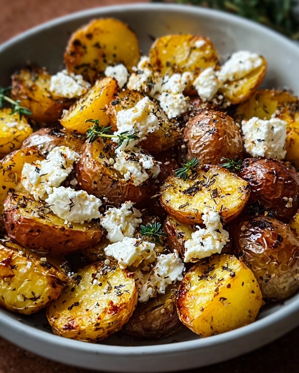 A white bowl filled with halved roasted baby potatoes showing a golden yellow inside and brown, slightly crispy skins, mixed with small, irregular white chunks of soft feta cheese on top. The potatoes are sprinkled with black pepper and dried herbs, some green sprigs of fresh thyme scattered around. The textures show a mix of crispy edges, soft potato flesh, and creamy cheese, all combined in a cozy, rustic style. Photo taken with an iphone --ar 4:5 --v 7