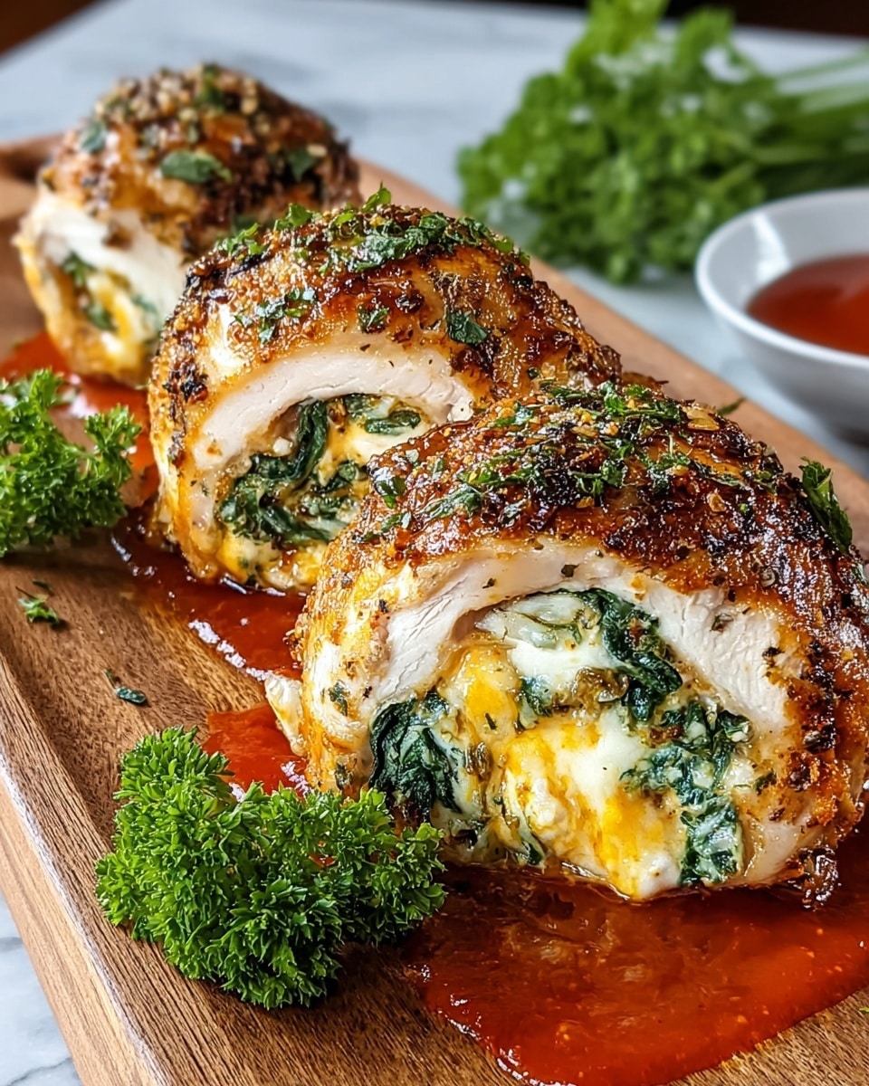 Three pieces of rolled chicken are placed on a wooden board, each with a crispy, browned outer layer sprinkled with green herbs. Inside the chicken rolls, there is a layer of wilted green spinach with melted yellow cheese mixed with white sauce. The chicken rolls sit on a bright red sauce spread underneath each piece, adding a glossy texture. Fresh green parsley leaves are placed behind the chicken rolls. A small white bowl with extra red sauce is visible in the background on a white marbled surface. photo taken with an iphone --ar 4:5 --v 7