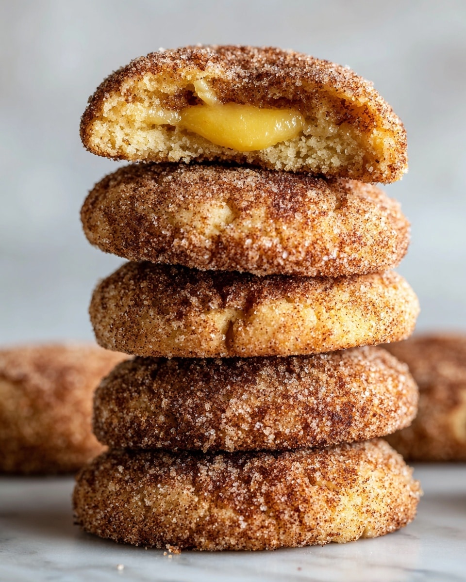 The image shows a close-up of a soft, round cookie with a cracked surface sprinkled with brown cinnamon sugar. The cookie is golden brown, with a textured, crumbly outer layer. Inside, there is a thick, gooey, bright yellow peach filling that is visible through a bite taken out of the cookie. Surrounding the main cookie are a few more cookies with similar textures and colors, all placed on a wire rack above a white marbled surface. photo taken with an iphone --ar 4:5 --v 7