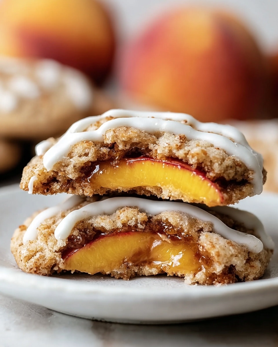 Two stacked peach-filled cookies are shown in close-up on a white plate with a white marbled background. The bottom cookie is whole while the top cookie is cut in half, revealing two thick slices of bright yellow peach surrounded by a gooey, cinnamon-spiced filling. The cookies have a crumbly, coarse texture with golden-brown edges. Both cookies are drizzled with a smooth, white icing that contrasts with the warm tones of the peach and cookie, adding a glossy finish. In the background, soft blurry peaches add color and context. photo taken with an iphone --ar 4:5 --v 7