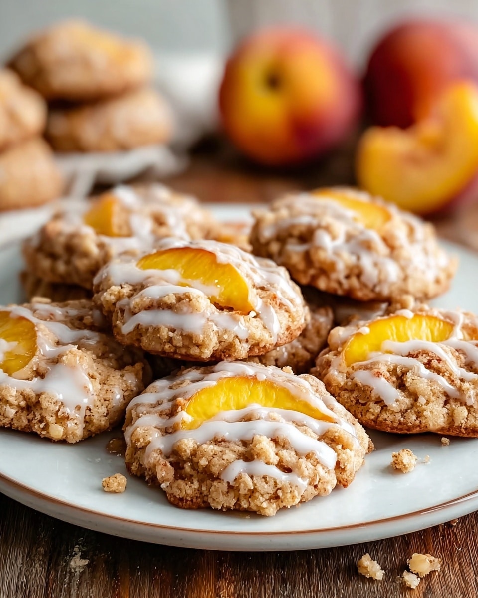 The image shows a white plate filled with six peach crumb cookies, each having three main layers: a crumbly, golden brown cookie base with a rough texture, a bright yellow-orange peach slice placed in the center, and a white glaze drizzled unevenly on top, adding a shiny and smooth contrast. The cookies are slightly crumbly with small bits falling off, and the plate rests on a wooden surface with more cookies and fresh whole peaches blurred in the background. photo taken with an iphone --ar 4:5 --v 7