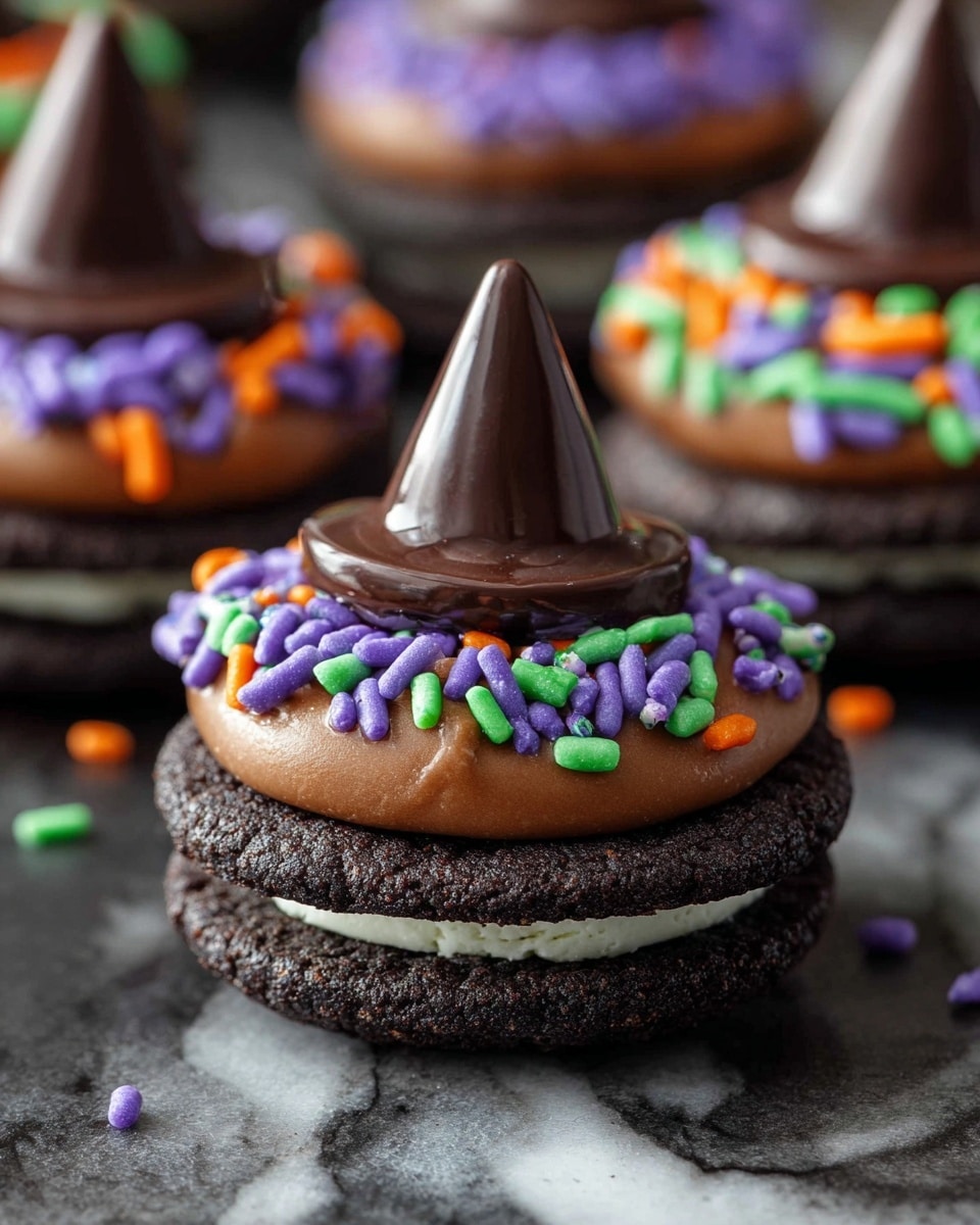 A close-up image of a cupcake made from a chocolate sandwich cookie as the base layer, with the white cream filling visible in the middle, topped with a smooth layer of melted milk chocolate, a ring of colorful sprinkles in purple, green, and orange around the edge, and a small, shiny dark chocolate drop shaped like a witch's hat at the center. The cupcake is set on a dark surface with other similar cupcakes blurred in the background, with a white marbled texture underneath. photo taken with an iphone --ar 4:5 --v 7