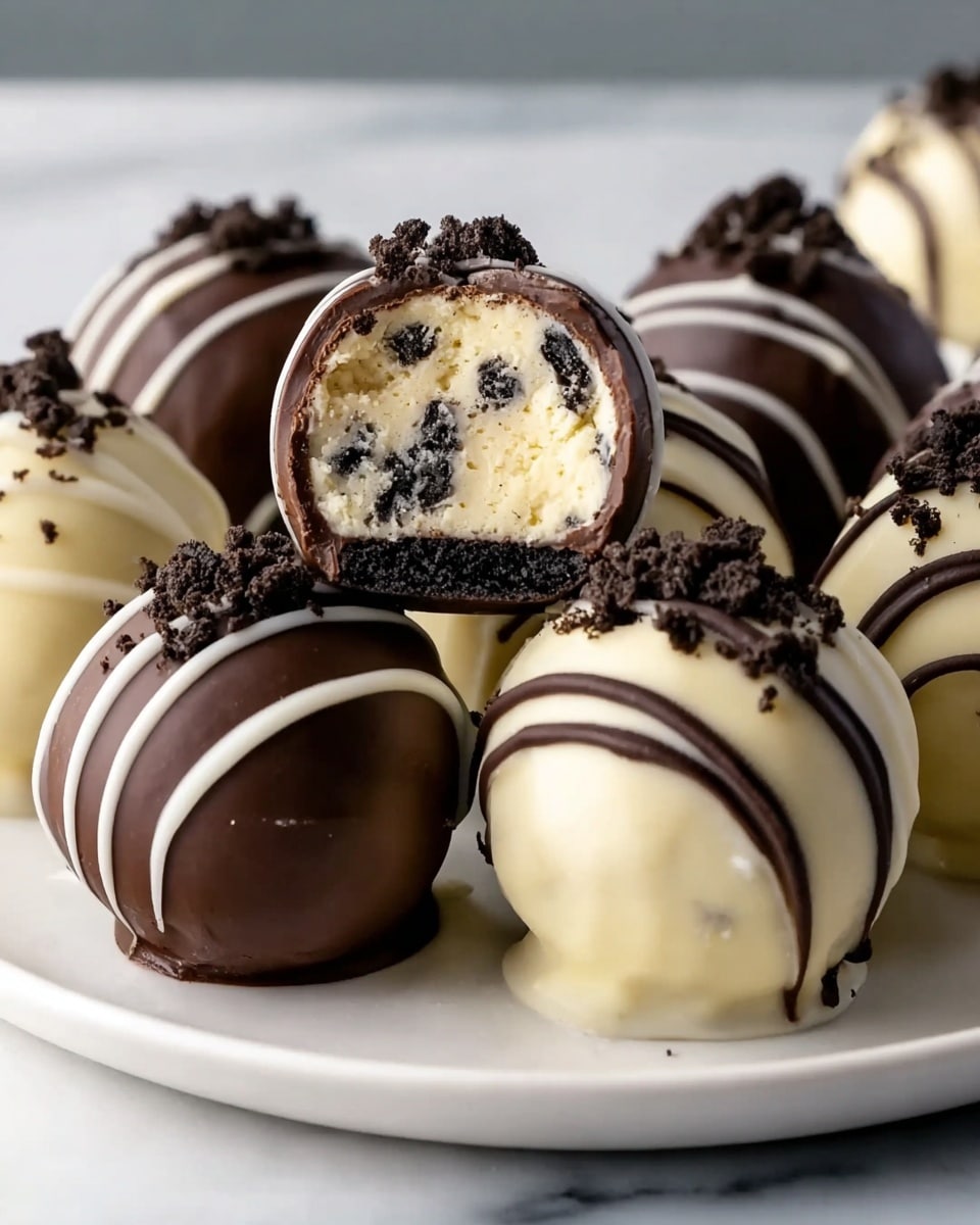 A close-up image shows several round chocolate-covered balls with a creamy white filling inside that has small black cookie pieces mixed in. The ball in the front is cut open to reveal the inside, which is smooth and creamy with tiny cookie bits evenly spread. The outer layer is a shiny milk chocolate coating with drizzles of dark and white chocolate, and small cookie crumbs are sprinkled on top. The balls are placed on a clear glass surface with a soft white marbled background. Photo taken with an iphone --ar 4:5 --v 7