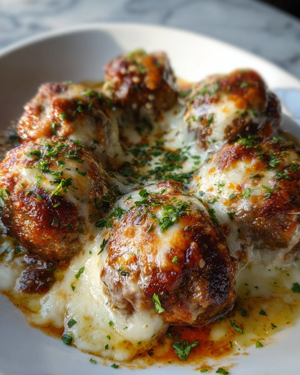 A close-up view of a dish showing six browned meatballs in a white plate. Each meatball is topped with melted creamy white cheese that has golden brown spots and is sprinkled with finely chopped green herbs. The meatballs have a slightly crispy and juicy texture, with the cheese layer melting over them and pooling slightly around the base. The overall look is warm and rich, set on a white marbled surface. photo taken with an iphone --ar 4:5 --v 7