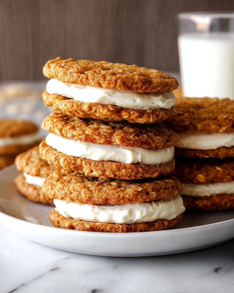 The image shows a stack of oatmeal cream pies on a white plate, each made of two soft, golden-brown oatmeal cookie layers with a smooth, thick white cream filling in the middle. The cookies have a slightly rough, textured surface from the oats. The plate sits on a white marbled surface with a glass of milk blurred in the background. photo taken with an iphone --ar 4:5 --v 7