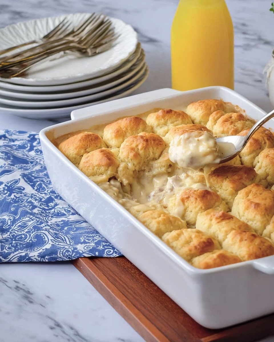 The image shows a white rectangular baking dish filled with a golden-brown cobbler. The top layer is made up of pillowy, slightly browned biscuit-like pieces arranged closely together, giving a textured, uneven surface. A spoon is scooping out a portion from the corner, revealing a creamy, thick filling with visible chunks inside beneath the biscuit layer. The dish is placed on a wooden board, resting on a white marbled surface with a blue patterned cloth nearby. In the background, there is a stack of white plates with silver forks on top and a clear glass bottle filled with bright orange juice. photo taken with an iphone --ar 4:5 --v 7