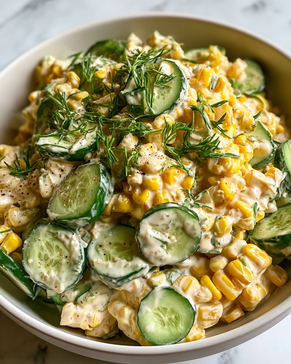 The image shows a close-up of a mixed salad served in a white bowl, filled with three main layers: bright yellow cooked corn kernels spread throughout the bowl, irregular slices of fresh green cucumber with smooth edges evenly mixed in, and a creamy light beige sauce covering all the ingredients. Small pieces of fresh dark green herbs are scattered across the top, adding texture and contrast to the smooth sauce and vegetables. The background is a white marbled surface enhancing the fresh colors of the salad. photo taken with an iphone --ar 4:5 --v 7