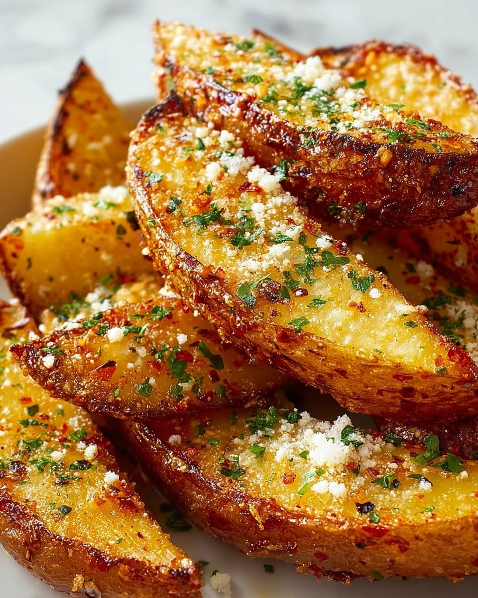 The image shows a close-up of golden-brown potato wedges arranged in a white bowl. Each wedge has a crispy, textured outer layer sprinkled with small bits of herbs and coarse salt. The edges are darker and crunchy, while the inside looks soft and tender with a yellowish color. Bright green parsley flakes are scattered evenly on top, adding a fresh touch. The bowl rests on a white marbled surface, highlighting the warm colors of the potato wedges. photo taken with an iphone --ar 4:5 --v 7