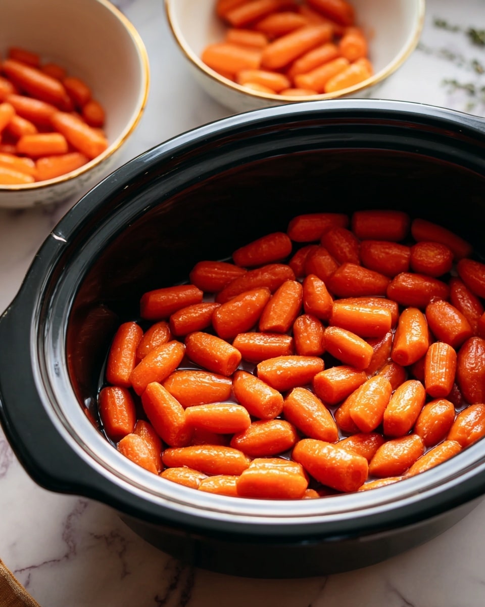The image shows a black slow cooker filled with bright orange baby carrots cooked in a glossy, rich brown sauce. The carrots have a slight char that adds texture, and fresh green sprigs of thyme are scattered on top, adding a pop of color. The inside of the slow cooker is dark, creating a strong contrast with the vibrant carrots and herbs. The slow cooker is placed on a white marbled surface. photo taken with an iphone --ar 4:5 --v 7