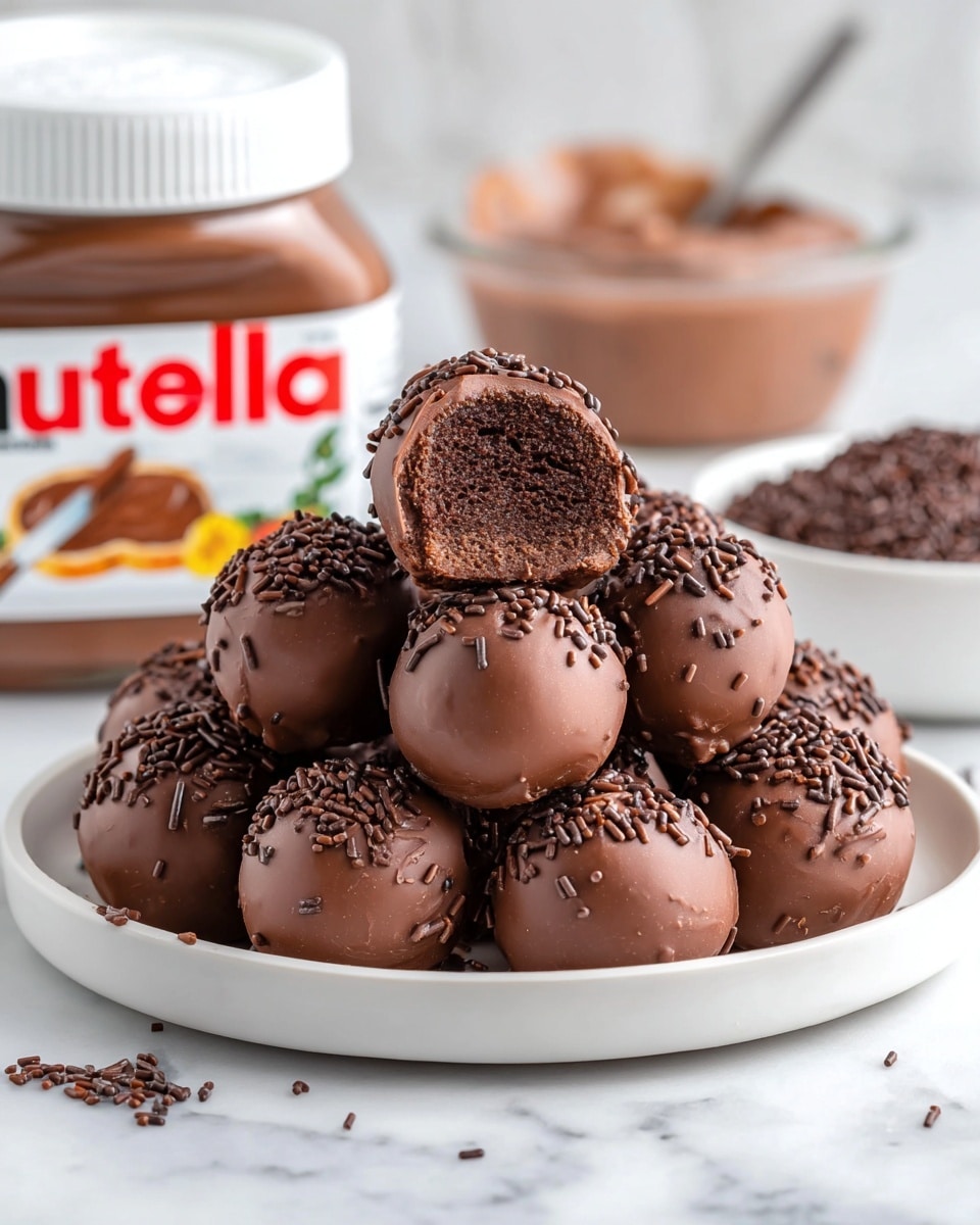 A white plate stacked with ten smooth, round chocolate truffles, each coated with a glossy layer of milk chocolate and topped with dark chocolate sprinkles. One truffle is cut open and placed on top of the stack, showing a dense, dark brown inner cake layer surrounded by a thick milk chocolate shell. In the background, there is a jar of Nutella with a blurred label, a small glass bowl filled with creamy Nutella and a spoon, and a white bowl containing chocolate sprinkles on a white marbled surface. The lighting is bright and soft, highlighting the rich textures of the truffles. photo taken with an iphone --ar 4:5 --v 7