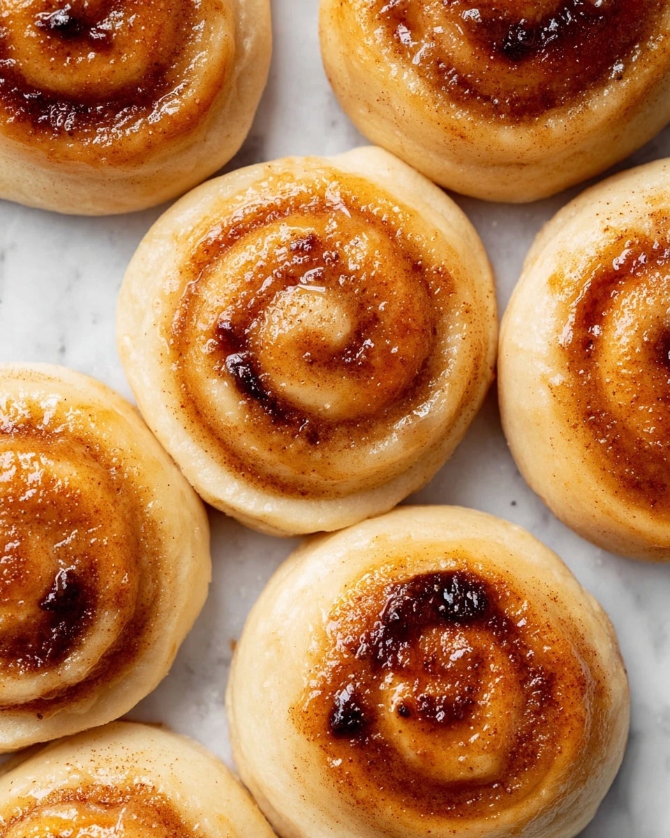 The image shows several round cinnamon rolls arranged close to each other on a white marbled surface. Each roll has two visible layers; the base layer is a light beige dough with a soft, fluffy texture, while the top layer is a golden-brown swirl coated with a shiny, caramelized glaze that highlights darker brown cinnamon spots and a slightly crispy surface. The rolls are uniform in size and shape, with the glossy top creating an inviting, warm appearance. Photo taken with an iphone --ar 4:5 --v 7