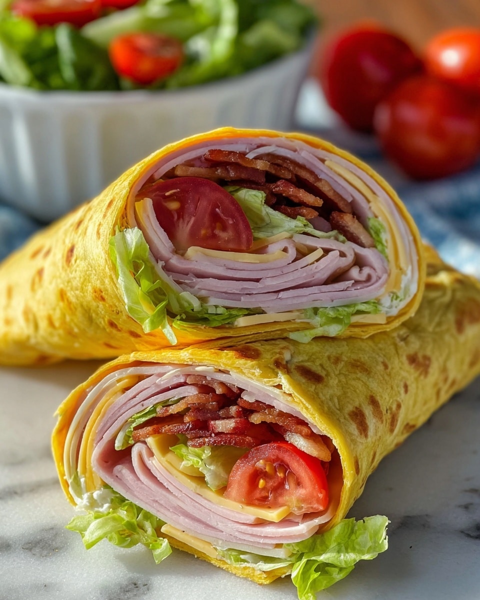 The image shows a wrap cut in half, stacked on a wooden board with a white marbled surface underneath. The wrap has several layers: the outer layer is a light tortilla with light brown spots from cooking. Inside, there is a layer of shredded green lettuce at the top, followed by a crispy, crunchy layer of dark red-brown bacon. Below the bacon, there are thin, light pink slices of turkey rolled neatly, with a layer of yellow cheese just beneath the turkey. In the background, there is a white bowl filled with bright red cherry tomatoes and another white bowl with green leafy lettuce. photo taken with an iphone --ar 4:5 --v 7