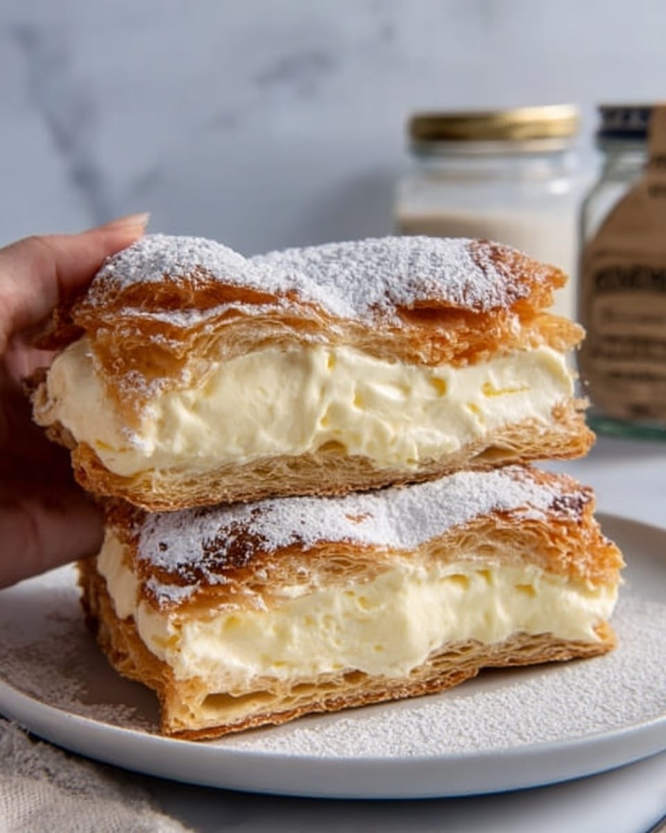 The image shows a close-up of a white plate with two thick slices of a cream-filled pastry. The pastry has two golden-brown puff pastry layers on top and bottom, which are light and flaky with a slightly crispy texture. Between the pastry layers, there is a thick, smooth cream filling that is pale yellow and looks soft and fluffy. The top puff pastry is dusted lightly with powdered sugar, adding a fine white layer on its surface. In the background, there is a white marbled surface and a jar placed softly out of focus. A woman's hand is seen holding one of the slices. Photo taken with an iphone --ar 4:5 --v 7