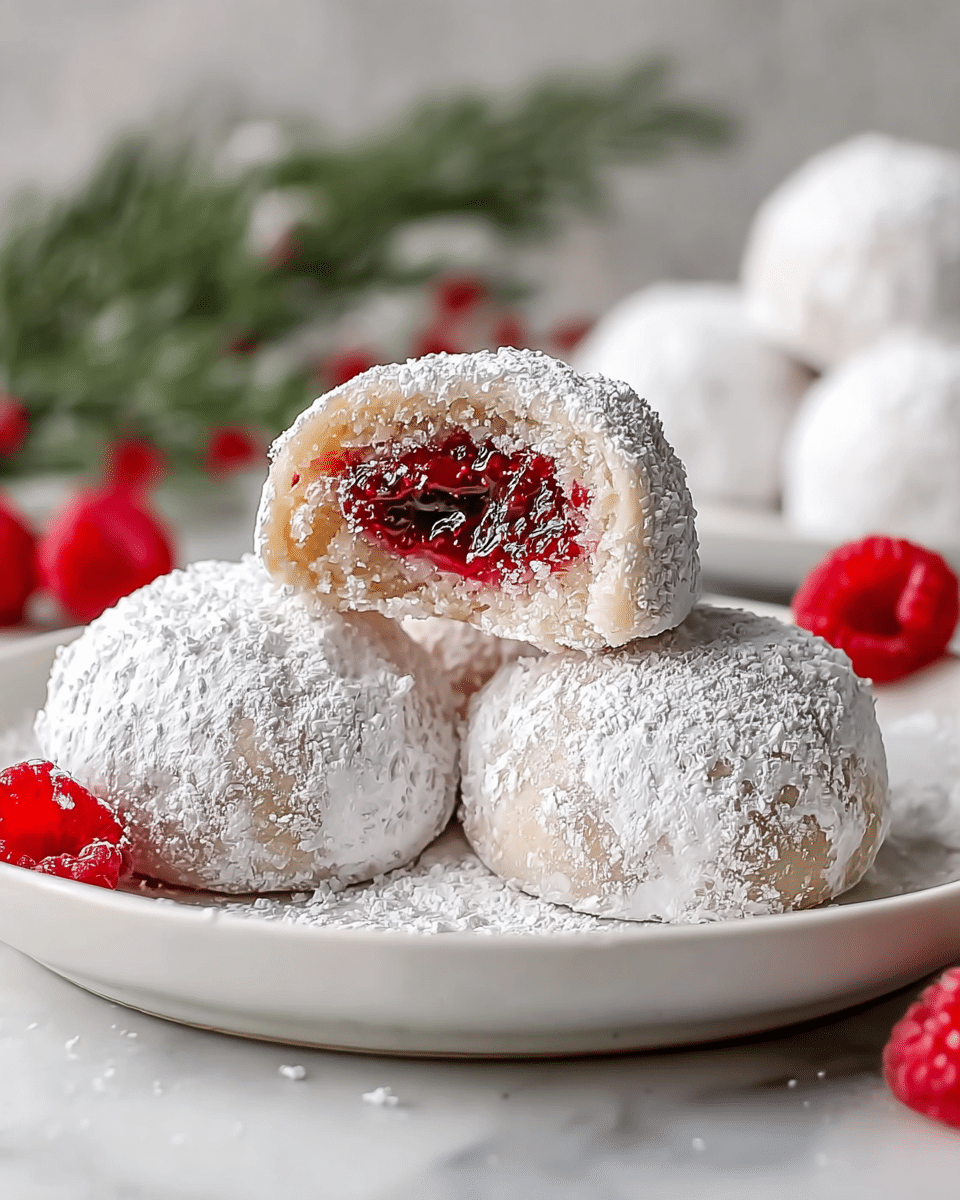 The image shows three round snowball cookies covered in white powdered sugar on a white plate placed on a white marbled surface. One cookie is cut in half and balanced on top of another, showing the inside with a thick layer of red raspberry jam in the center, surrounded by a pale, crumbly dough layer coated in powdered sugar. More cookies are blurred in the background with some fresh raspberries and greenery adding a soft red and green touch behind them. Photo taken with an iphone --ar 4:5 --v 7