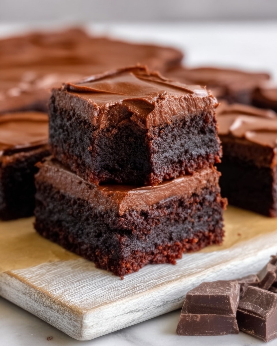 The image shows a close-up of rich chocolate brownies stacked on a white wooden board. The brownies have two layers: the bottom layer is dark, dense, and moist, while the top layer is a thick, smooth, glossy chocolate frosting with a slightly shiny finish. One brownie piece is cut and placed upright in front, revealing the thick frosting and the soft inside. The background is a clean white marbled surface with a few chocolate chunks blurred in the distance. Photo taken with an iphone --ar 4:5 --v 7