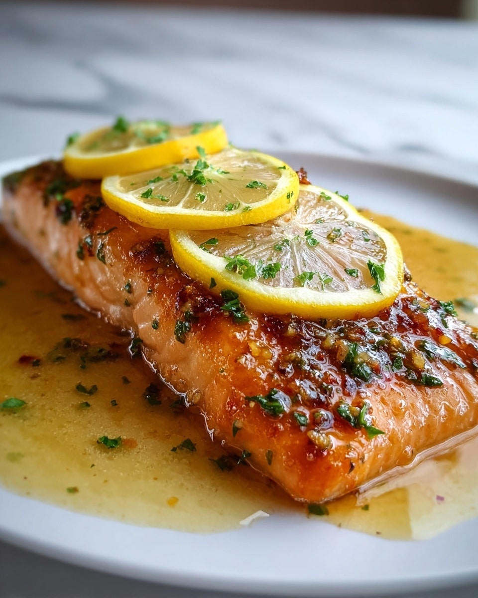 A single piece of cooked salmon fillet with a shiny glazed top layer in rich orange and golden brown colors, showing a slightly crispy texture. It is garnished with three thin yellow lemon slices placed on top and fresh green chopped herbs sprinkled over the fish and around it. The salmon rests in a light golden sauce that pools slightly on a round white plate, all set on a white marbled texture surface. Photo taken with an iphone --ar 4:5 --v 7