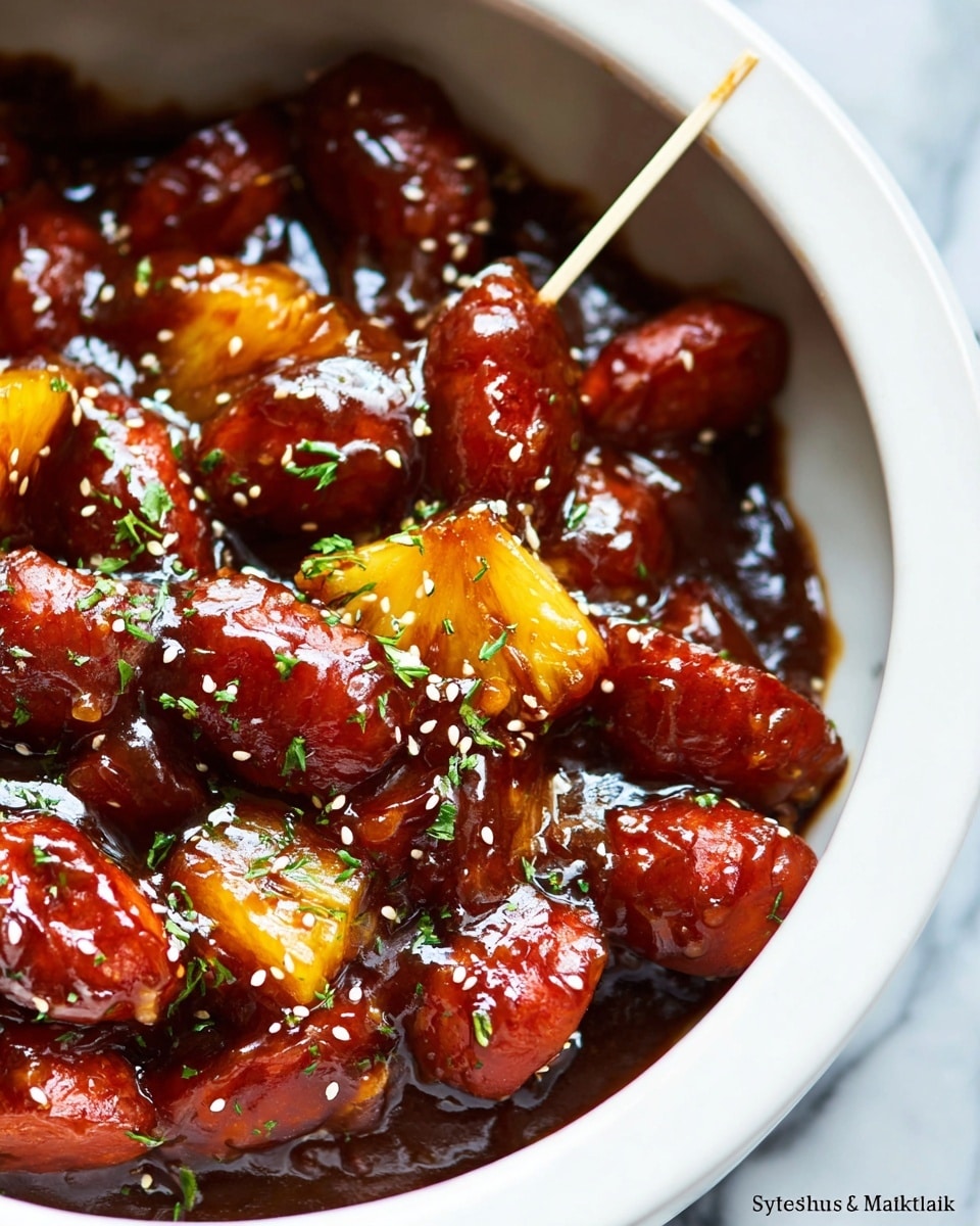 A close-up of a white bowl filled with small bright red sausages and golden yellow pineapple chunks covered in a glossy thick dark brown sauce. The dish is sprinkled with small white sesame seeds and finely chopped green herbs. A white plastic stick is pierced into one pineapple chunk and sausage, showing the shine and texture of the sauce and ingredients around it. The background shows a soft white marbled texture. photo taken with an iphone --ar 4:5 --v 7