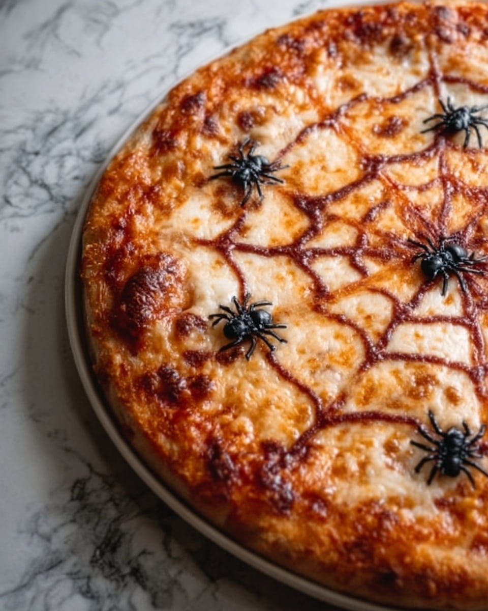 A close-up of a baked pizza with a golden-brown crust, topped with melted cheese forming a spider web pattern made with thin lines of dark sauce. Small black plastic spiders are placed on top for decoration, adding a Halloween theme. The pizza is on a white plate, set on a white marbled surface. Photo taken with an iphone --ar 4:5 --v 7