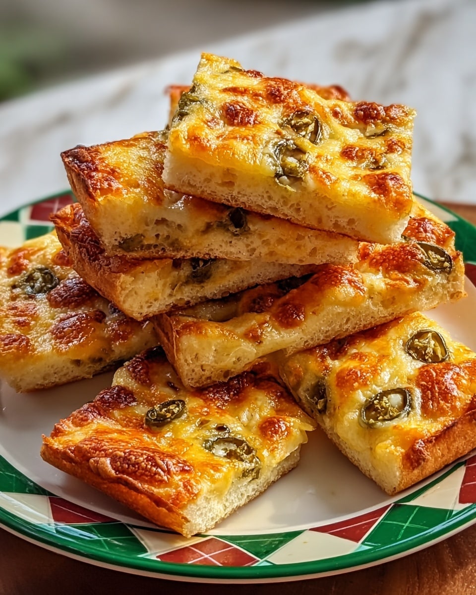A stack of seven square pieces of cheesy bread sits on a white plate with a green, red, and brown checkered pattern. Each piece shows three layers: a golden brown, slightly crispy cheese layer on top with melted spots and browned edges, scattered with small green jalapeño slices; a smooth, pale yellow melted cheese layer beneath; and a thin, light brown crust at the bottom. The pieces are arranged casually with some overlapping each other, and the background is softly blurred with a white marbled texture. photo taken with an iphone --ar 4:5 --v 7