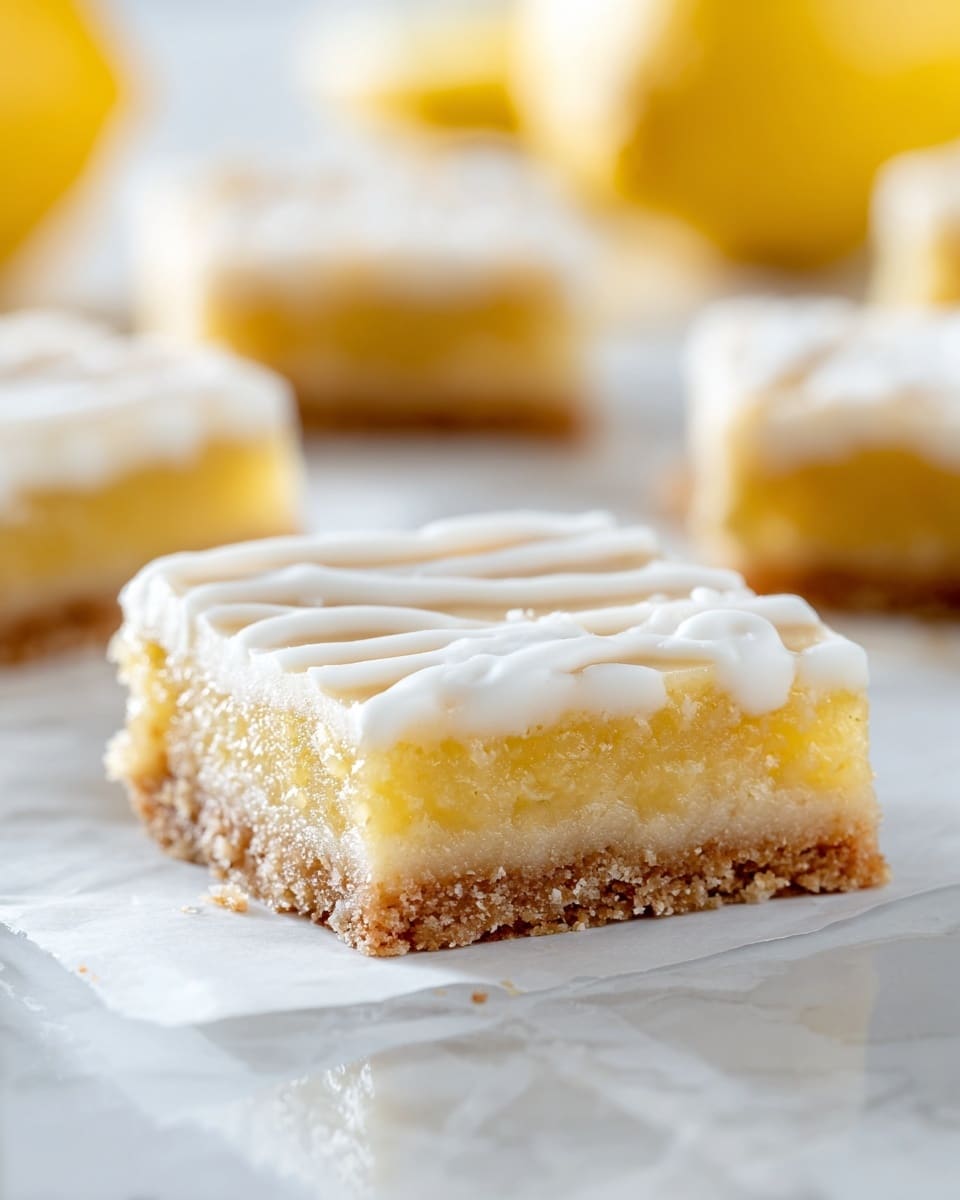 A close-up view of a square lemon bar showing three distinct layers: the bottom layer is a light brown crumbly crust, the middle layer is a thick, dense yellow lemon filling with a slightly grainy texture, and the top layer is a smooth white glaze with a slightly glossy finish, drizzled unevenly in soft lines. The lemon bars rest on white parchment paper with more bars and blurred yellow lemons softly visible in the background on a white marbled surface. Photo taken with an iphone --ar 4:5 --v 7