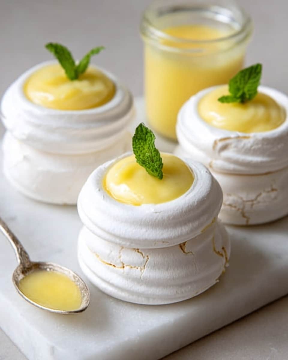 The image shows three small white meringue nests on a white marbled surface. Each nest has three layers with a crispy, light texture showing delicate cracks. Inside each nest, there is a smooth, pale yellow lemon curd filling, topped with a small green mint leaf for decoration. A jar of lemon curd with a spoon is placed nearby. Photo taken with an iphone --ar 4:5 --v 7
