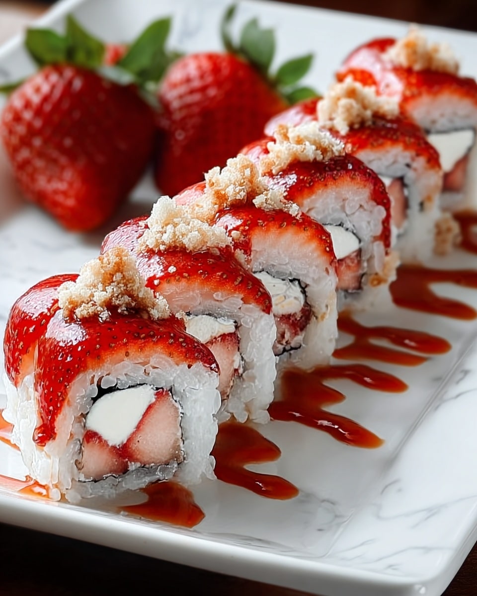 A white rectangular plate holds a row of seven sushi rolls, each roll having three layers: a white rice outer layer, a thin black seaweed middle layer, and an inner layer filled with white cream and red strawberry pieces. On top of each roll is a bright red strawberry slice covered with a drizzle of glossy red sauce, sprinkled with small crumbles. At the back of the plate, whole ripe strawberries with green leaves add a fresh touch, all placed on a white marbled surface. photo taken with an iphone --ar 4:5 --v 7
