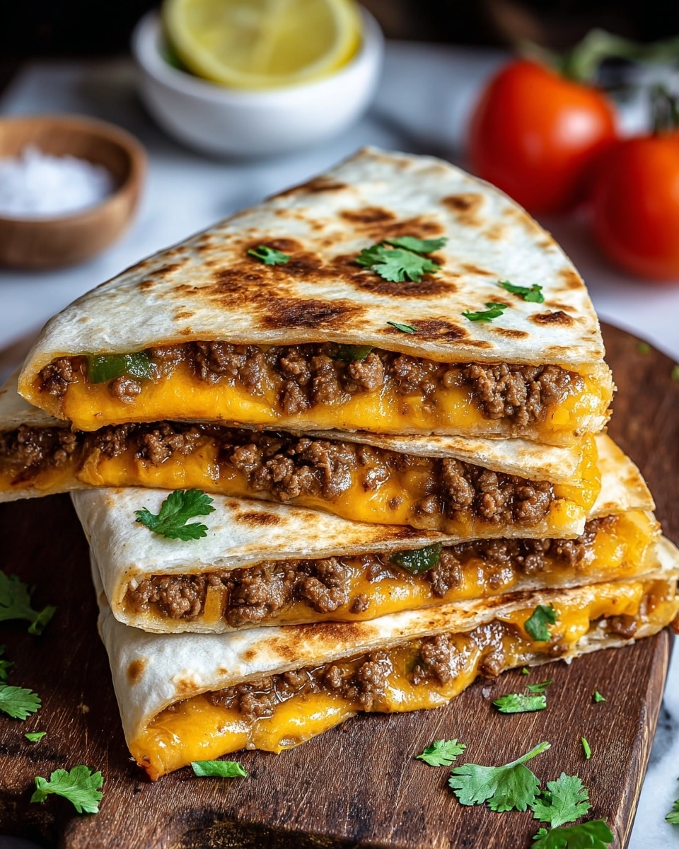 Three stacked quesadilla pieces are shown on a wooden board, each made with a grilled white tortilla that has brown, crispy spots on its surface. Between each tortilla, there is a thick layer of melted orange cheddar cheese mixed with ground beef that looks juicy and well-cooked, along with small bits of green pepper. Fresh green cilantro leaves are sprinkled on top and around the quesadillas, adding a fresh touch. In the background, out of focus, there are small white bowls with yellow lemon slices and white salt crystals, and two whole red tomatoes on the white marbled surface. photo taken with an iphone --ar 4:5 --v 7