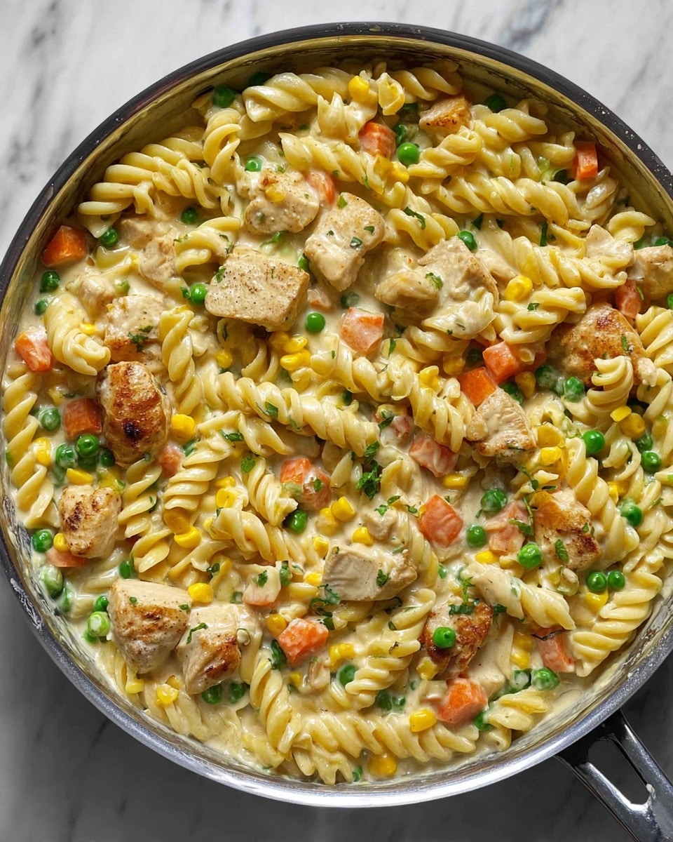 The image shows a close-up of a pan filled with rotini pasta cooked in a creamy sauce. The dish has three main layers: the first is the light yellow pasta spirals coated in a smooth, creamy sauce; the second layer includes chunks of cooked chicken that are light brown with a slightly grilled texture; the third layer is mixed vegetables including bright green peas, yellow corn kernels, and slices of orange carrots, all spread evenly throughout. The pan is silver and sits on a white marbled surface, and the colors are warm and appetizing. photo taken with an iphone --ar 4:5 --v 7