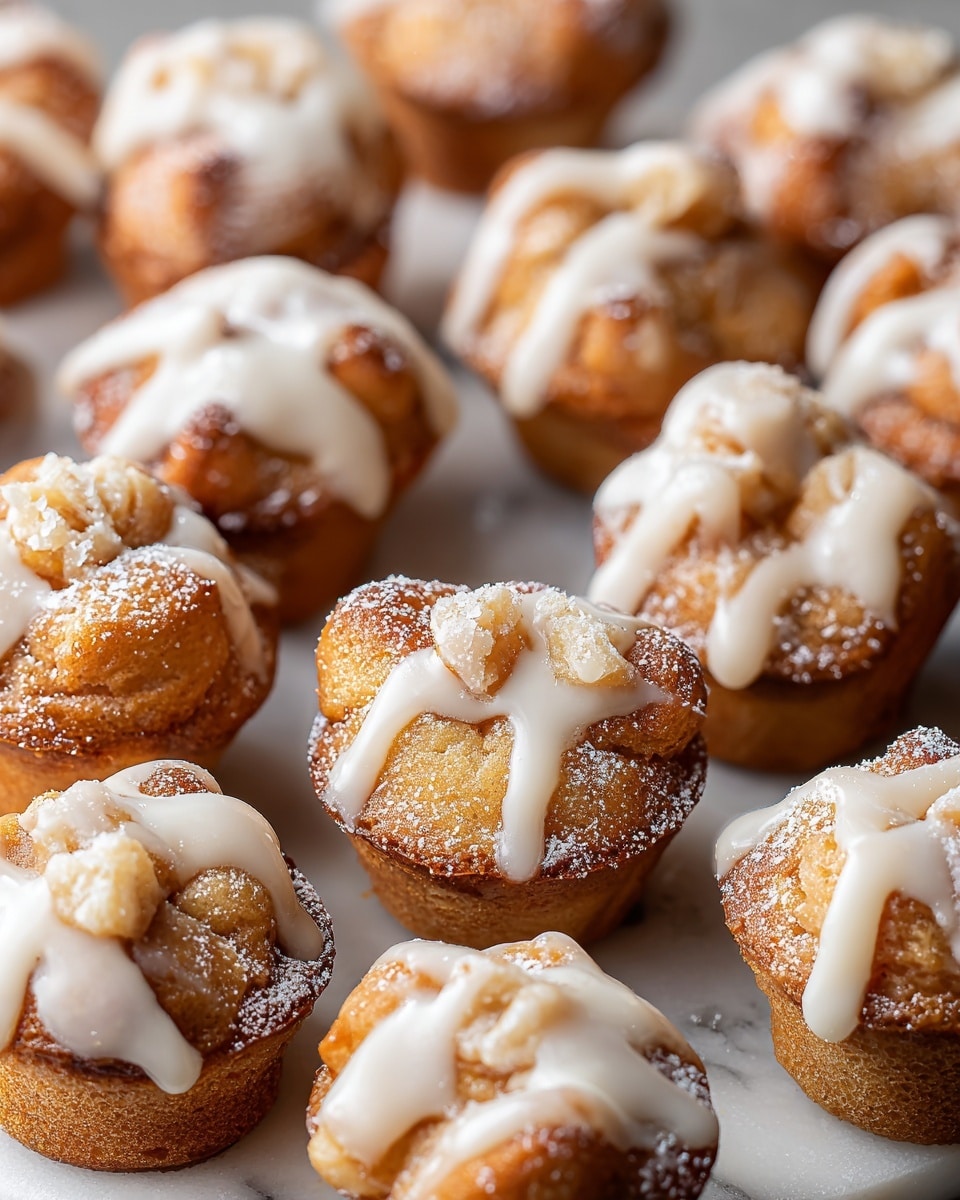 The image shows small bite-sized cinnamon rolls placed close together on a white marbled surface. Each cinnamon roll has one or two layers of golden brown dough, topped with white icing drizzled unevenly and sprinkled with powdered sugar that adds a light dusting on top. Some rolls have slightly open folds revealing a bit of the cinnamon filling inside. The dough looks soft with a slightly crisp edge, and the icing has a smooth creamy texture. One cinnamon roll is held gently by a woman's hand above the others, highlighting the small size and detailed layers of the rolls. Photo taken with an iphone --ar 4:5 --v 7
